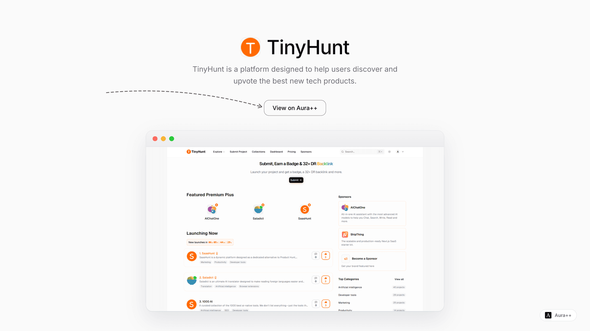 TinyHunt - Discover Top Tech Products launch story featured image on Aura++