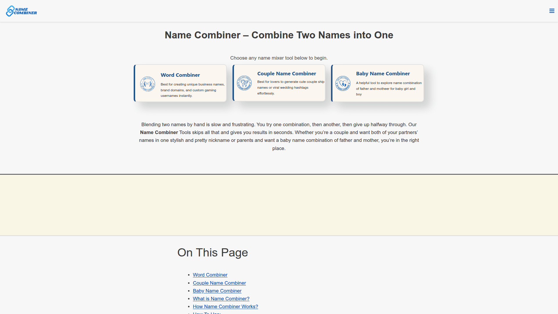 Name Combiner Tool product preview for startup listing on Aura++