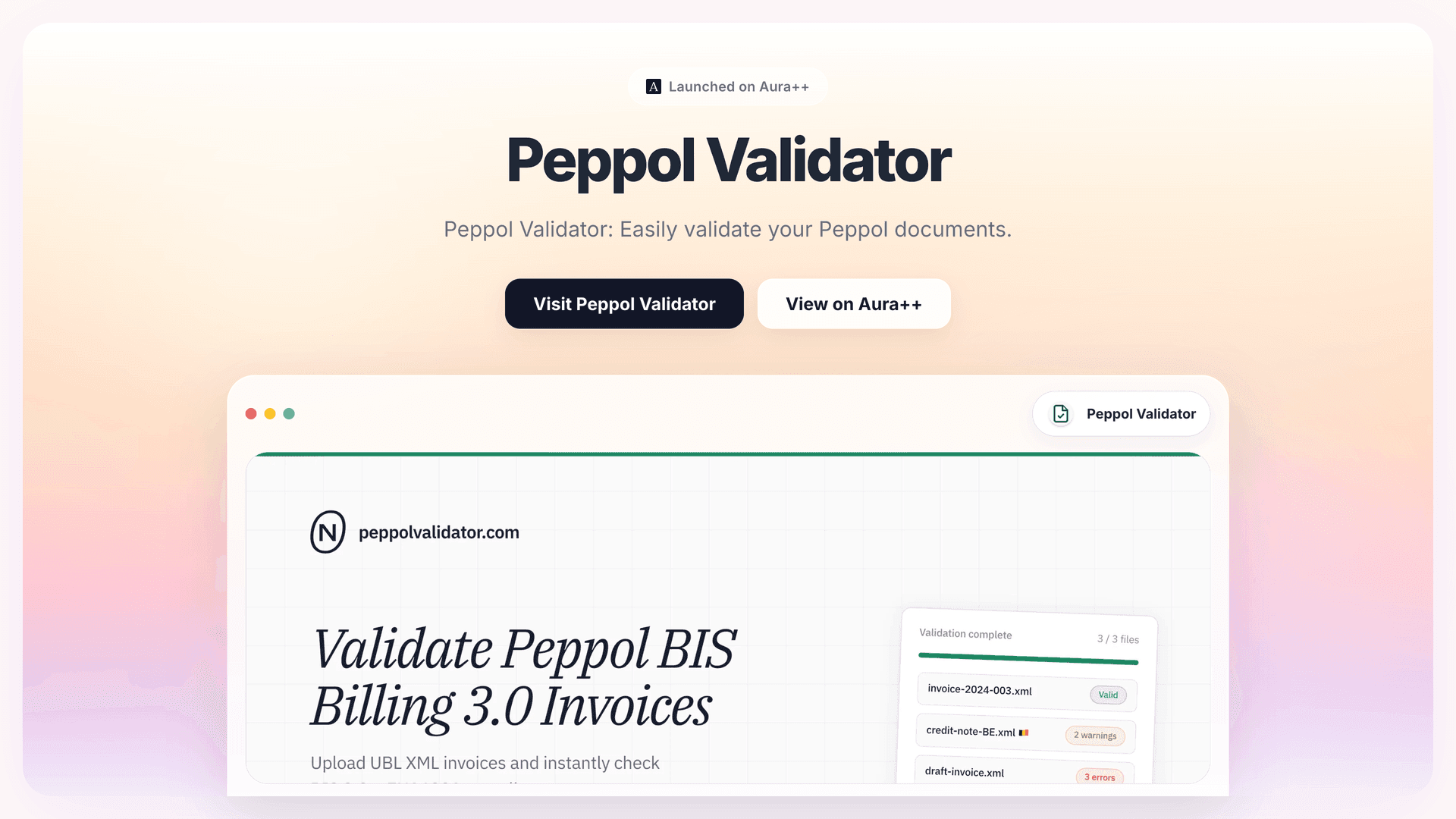 Peppol Validator launch story featured image on Aura++