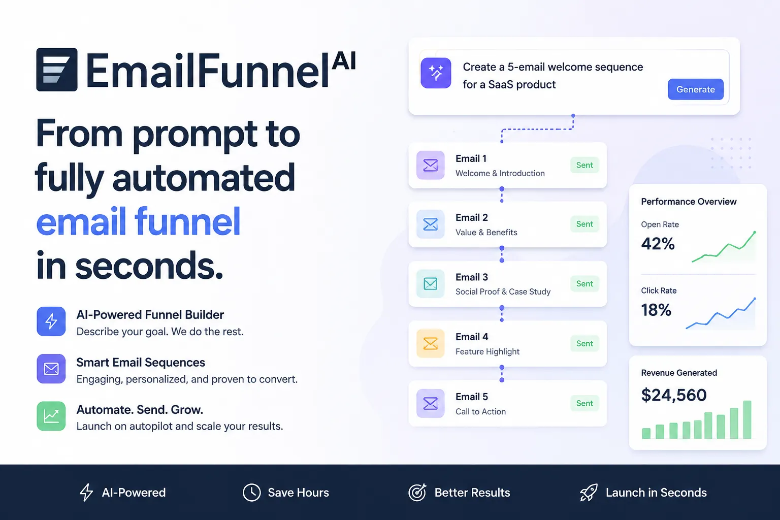 AI-Powered SaaS Email Funnel Builder product preview for startup listing on Aura++