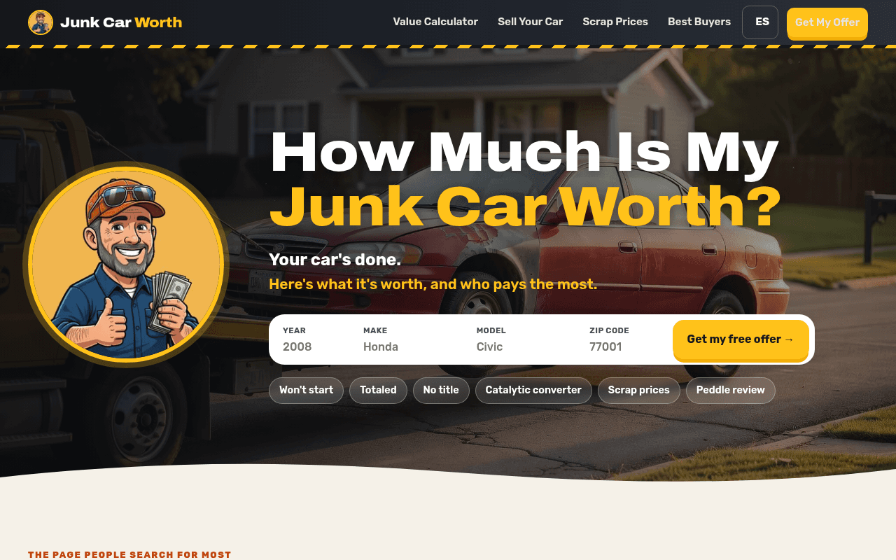 Junk Car Worth product preview for startup listing on Aura++