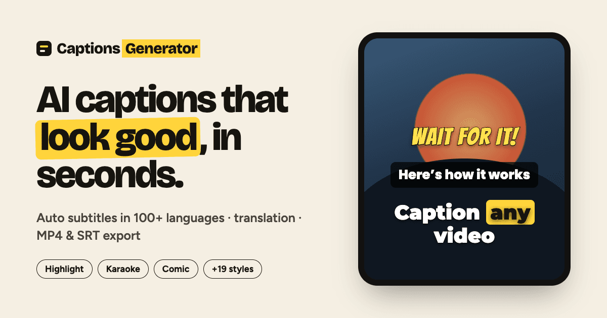 Captions Generator product preview for startup listing on Aura++