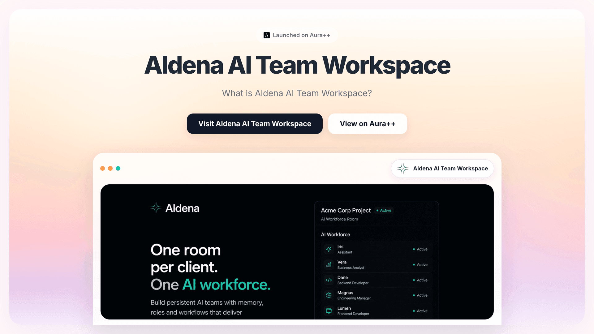 Aldena AI Team Workspace launch story featured image on Aura++