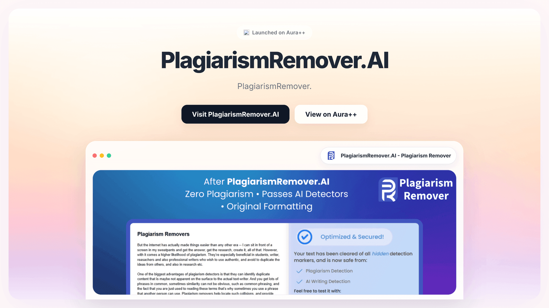 PlagiarismRemover.AI - Plagiarism Remover launch story featured image on Aura++