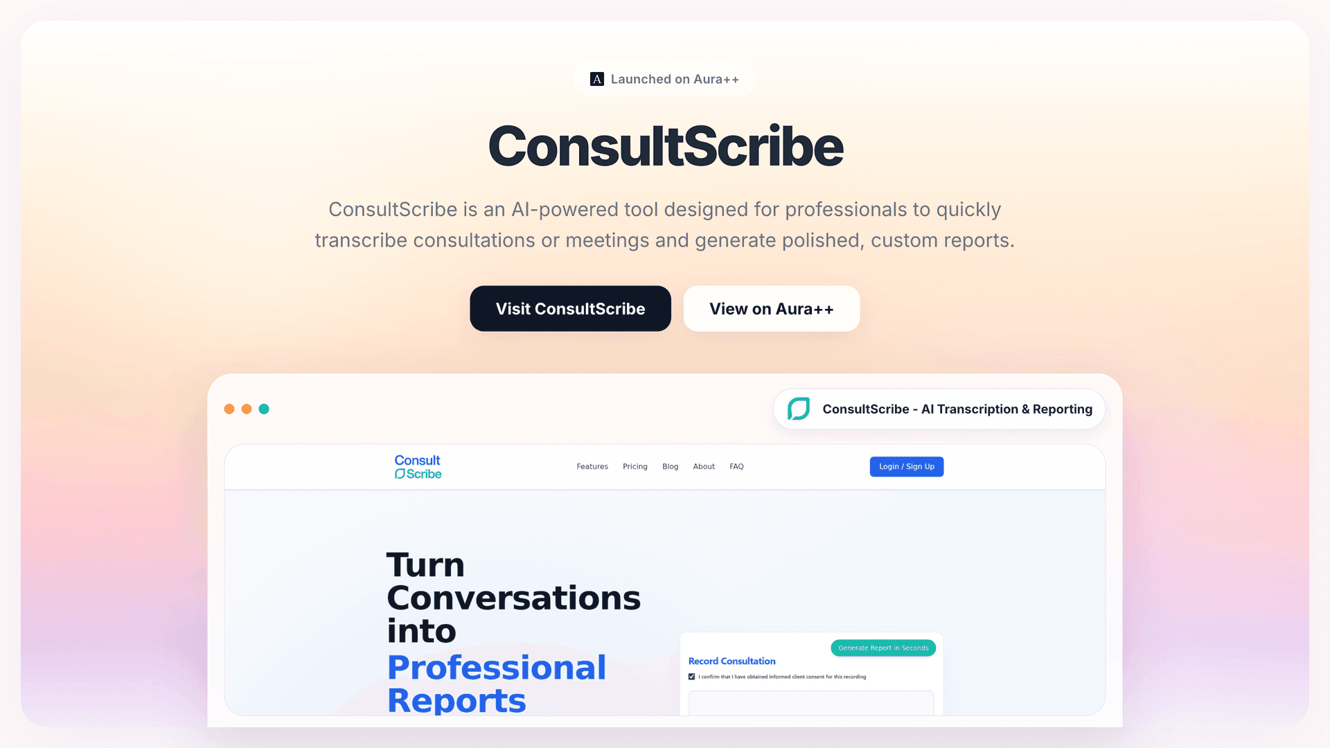 ConsultScribe - AI Transcription & Reporting launch story featured image on Aura++