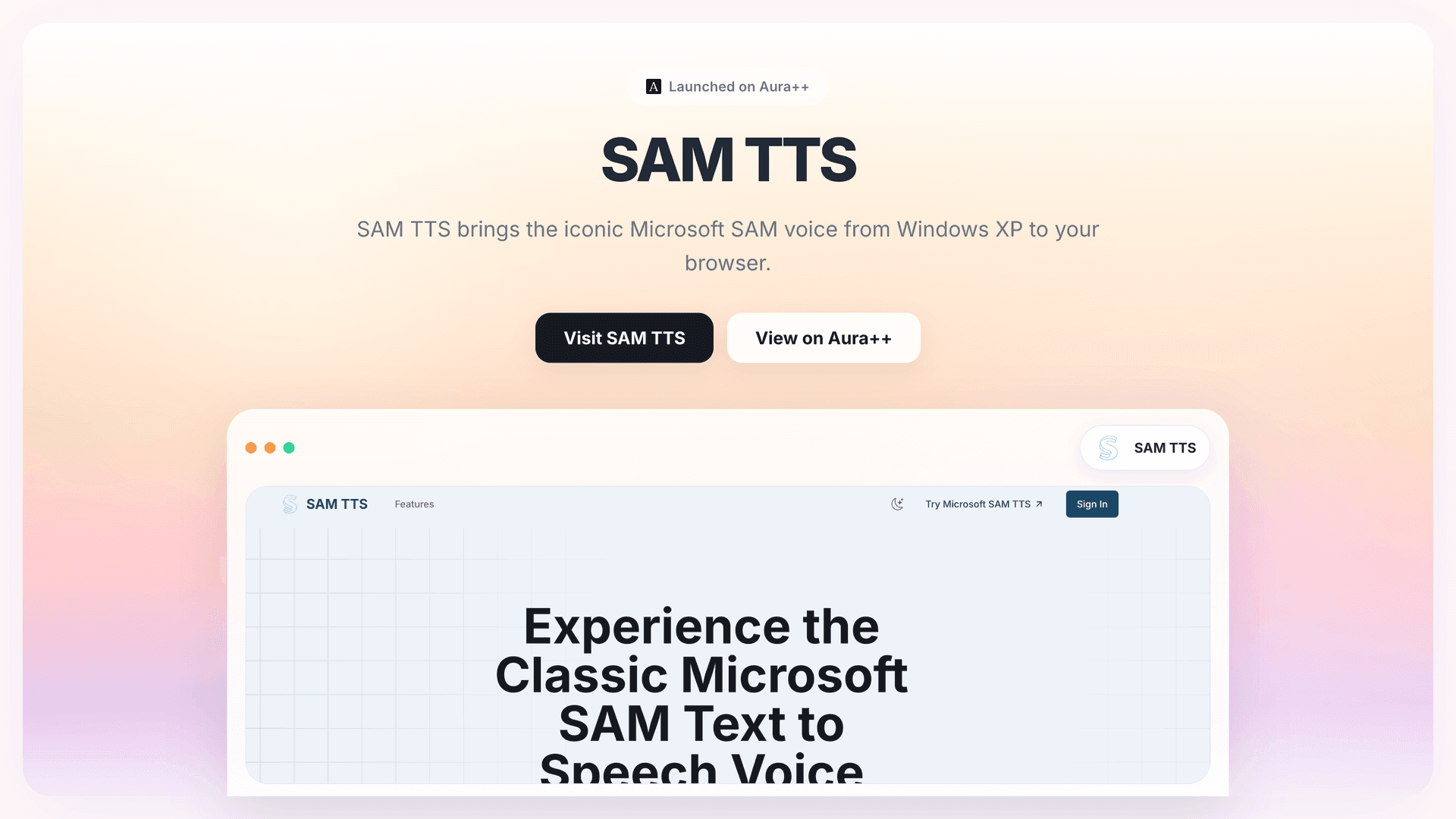 SAM TTS launch story featured image on Aura++