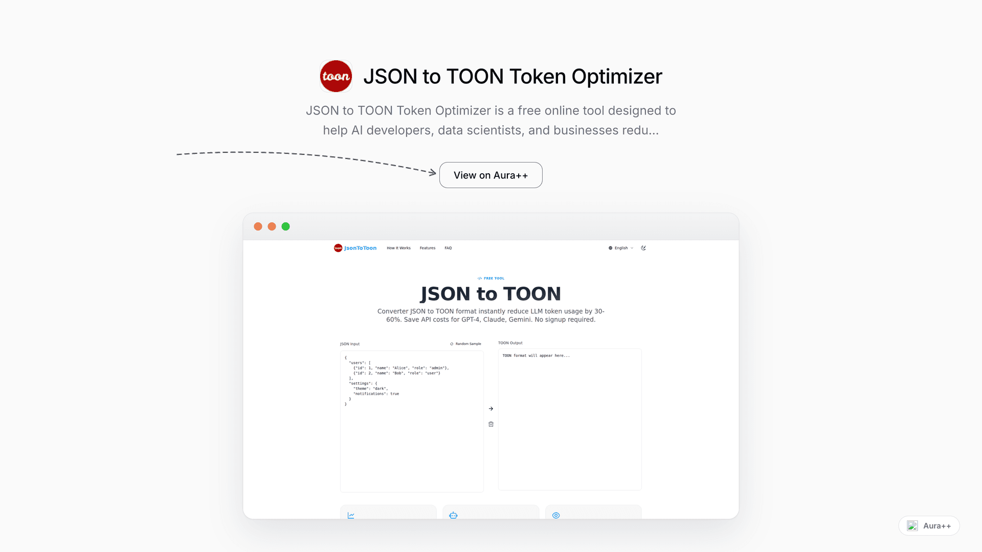 JSON to TOON Token Optimizer launch story featured image on Aura++