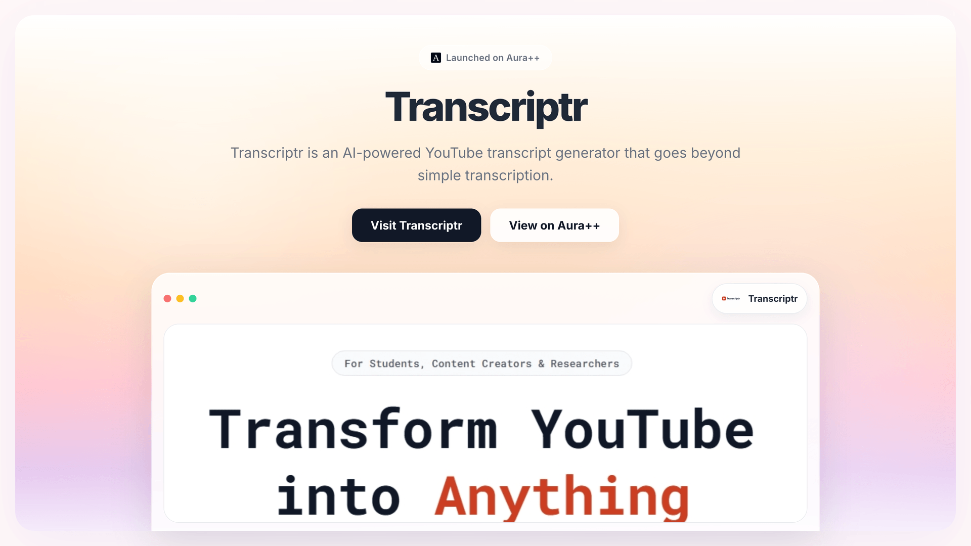 Transcriptr launch story featured image on Aura++