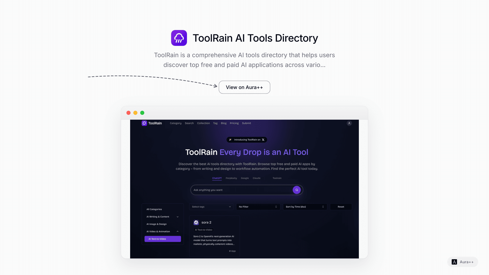 ToolRain AI Tools Directory launch story featured image on Aura++