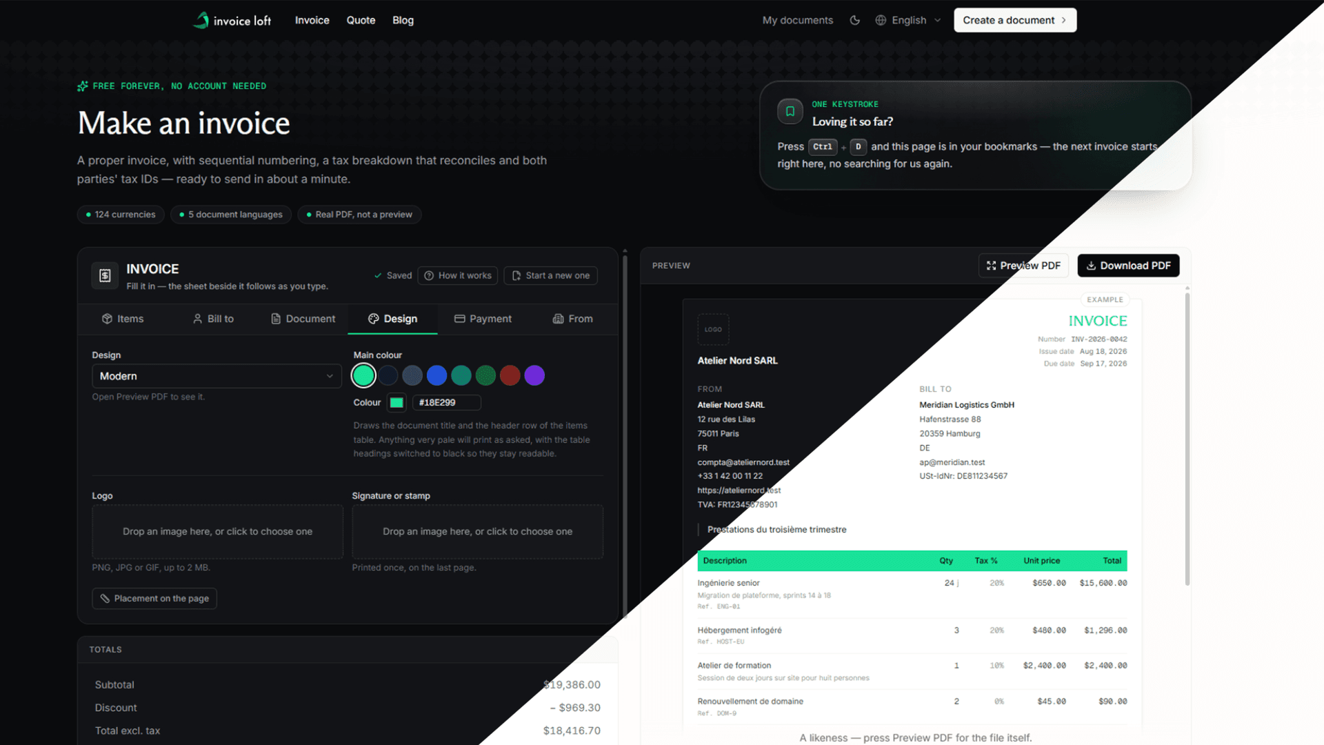 Online Invoice & Quote Generator product preview for startup listing on Aura++