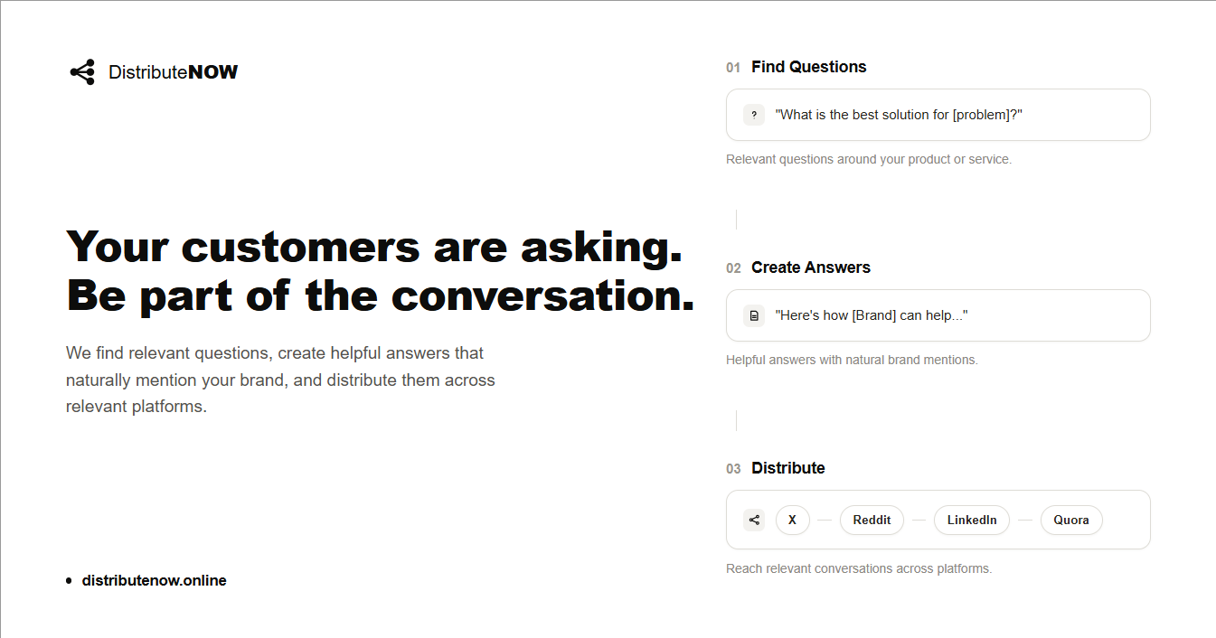 DistributeNow Customer Question Answering Service product preview for startup listing on Aura++