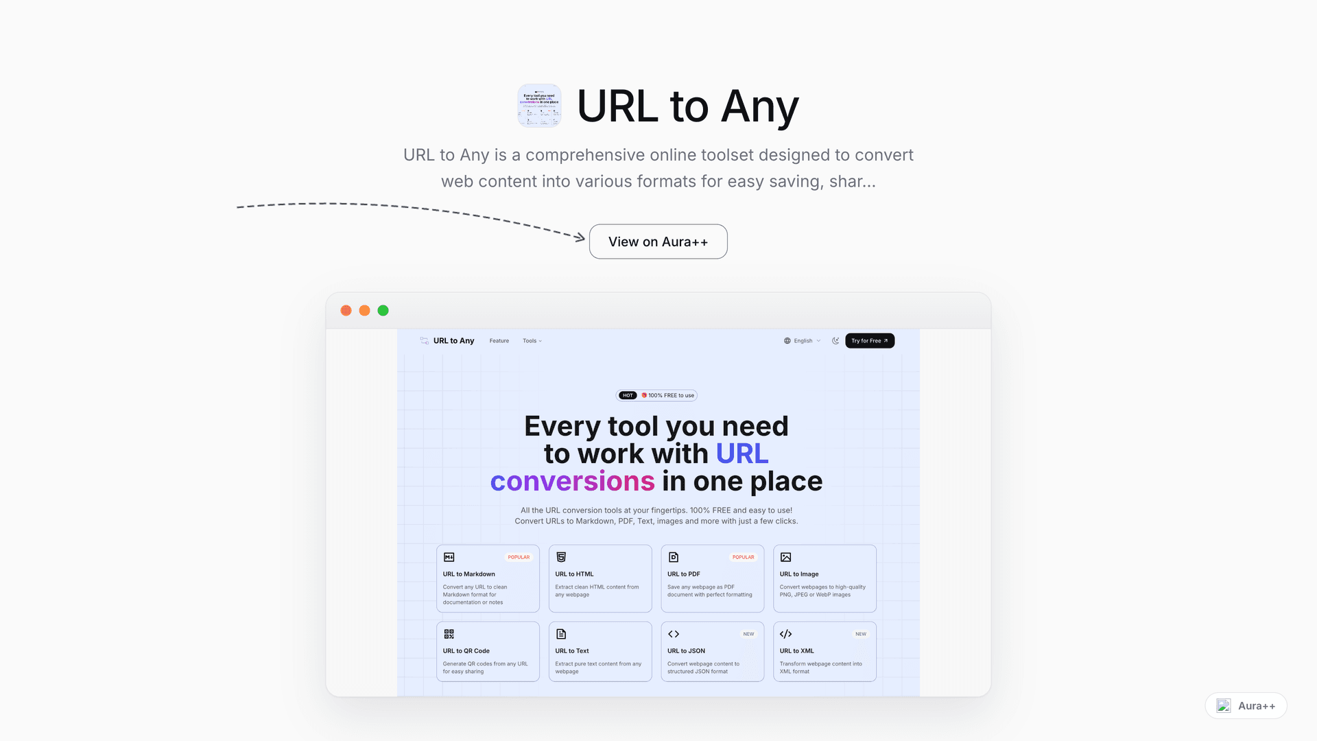 URL to Any - Web Content Converter launch story featured image on Aura++