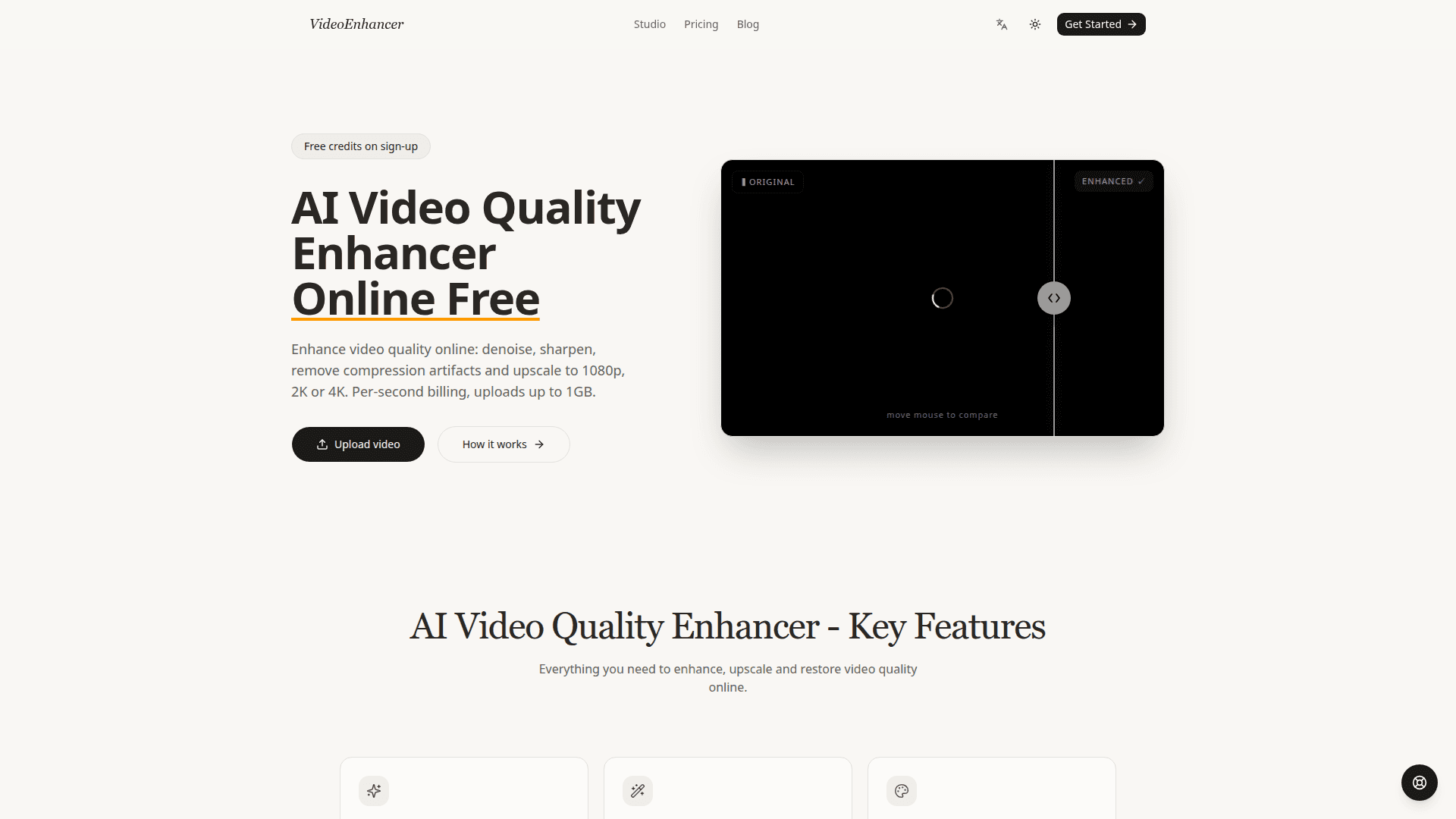 AI Video Quality Enhancer Online product preview for startup listing on Aura++