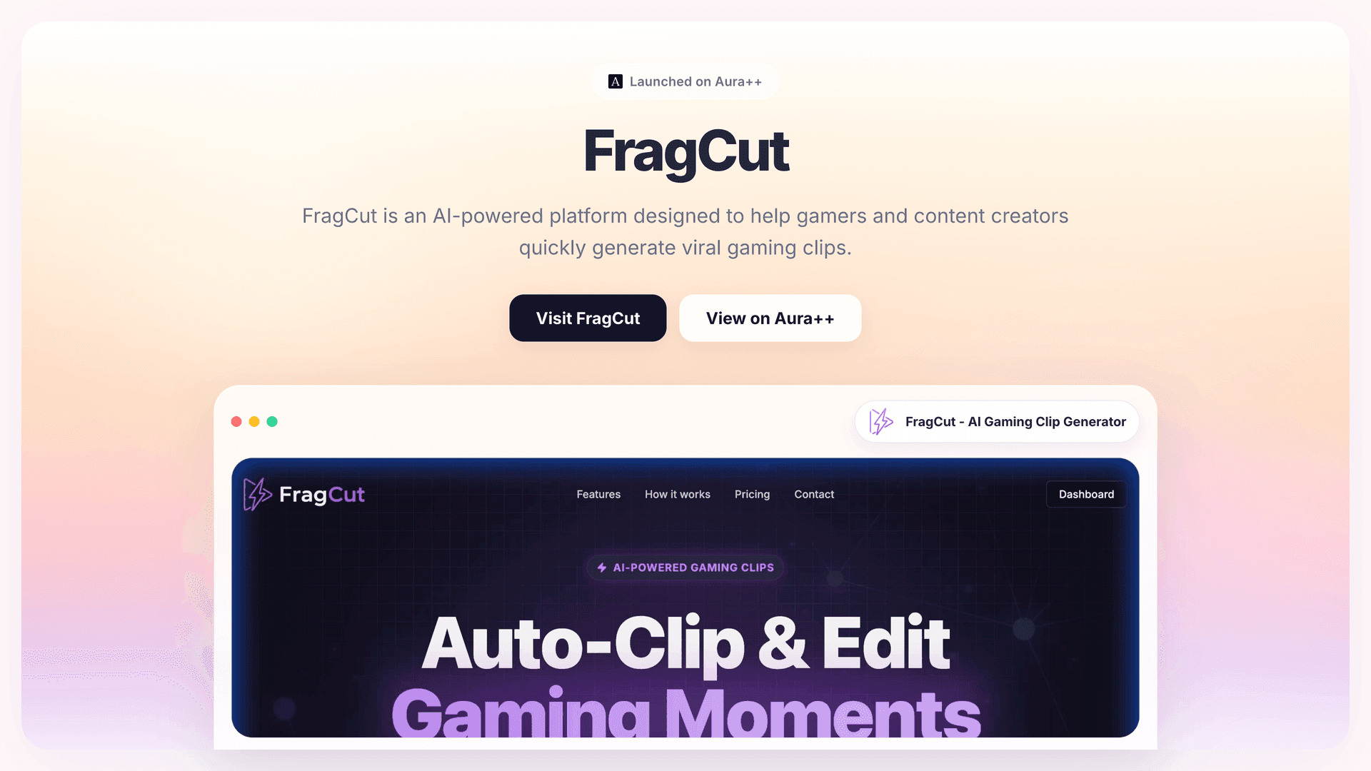 FragCut - AI Gaming Clip Generator launch story featured image on Aura++