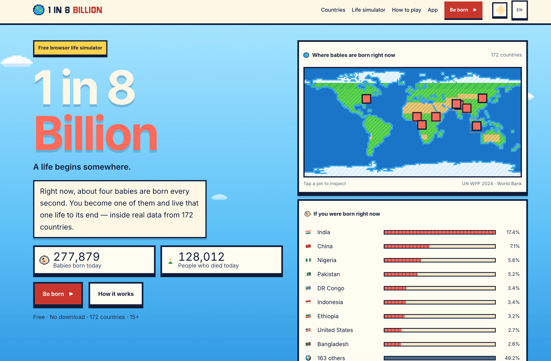 1 in 8 Billion Game — Free Browser Life Simulator product preview for startup listing on Aura++