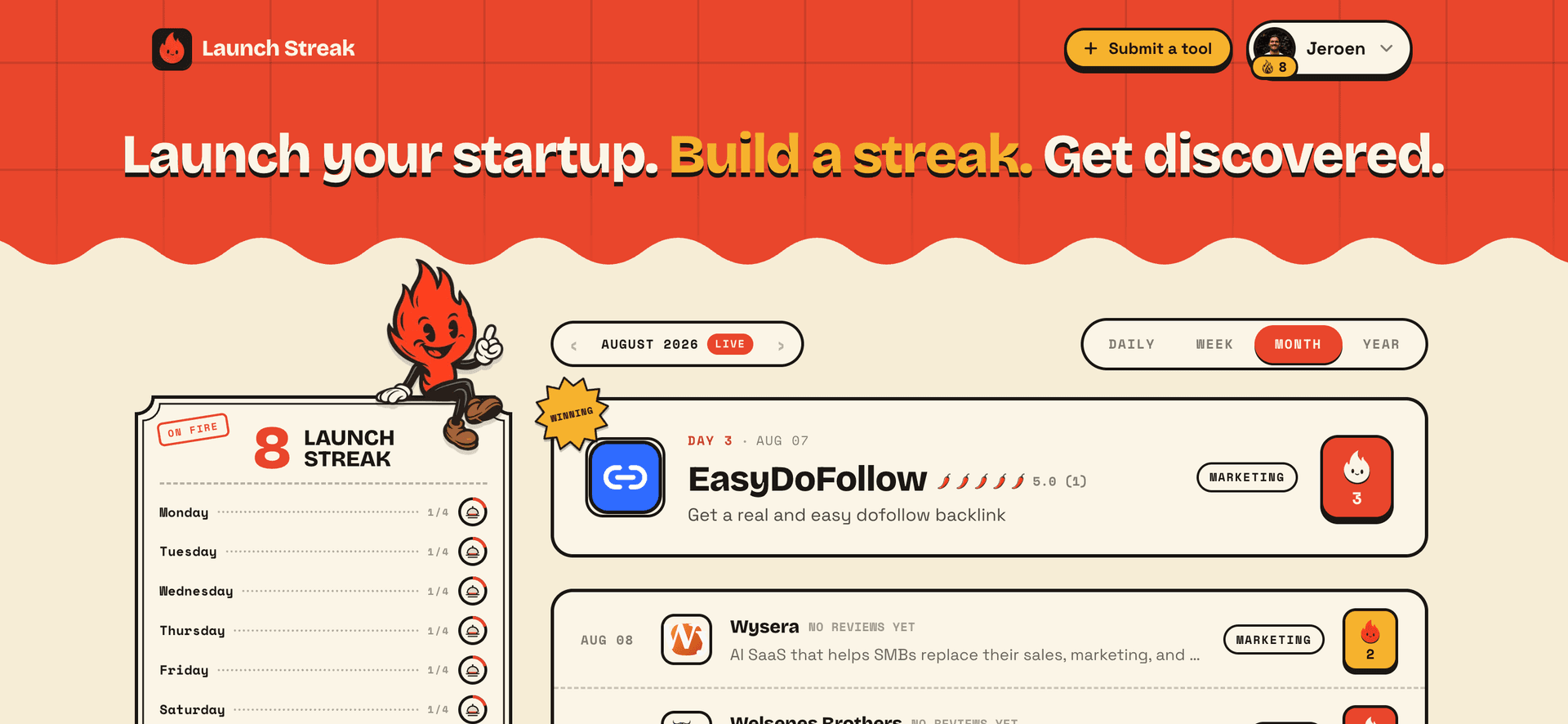 Launch Streak product preview for startup listing on Aura++