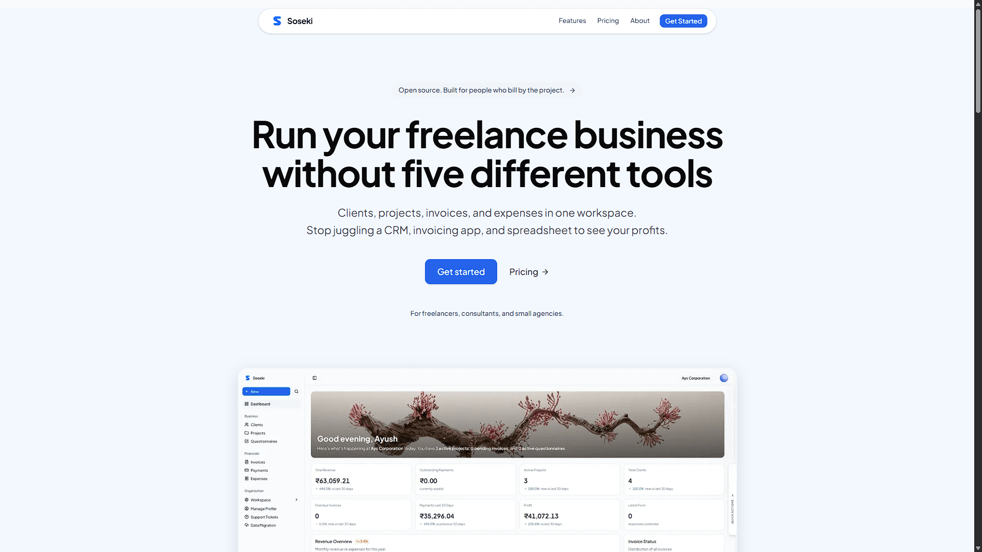 Soseki: Open Source Freelance Business Platform product preview for startup listing on Aura++