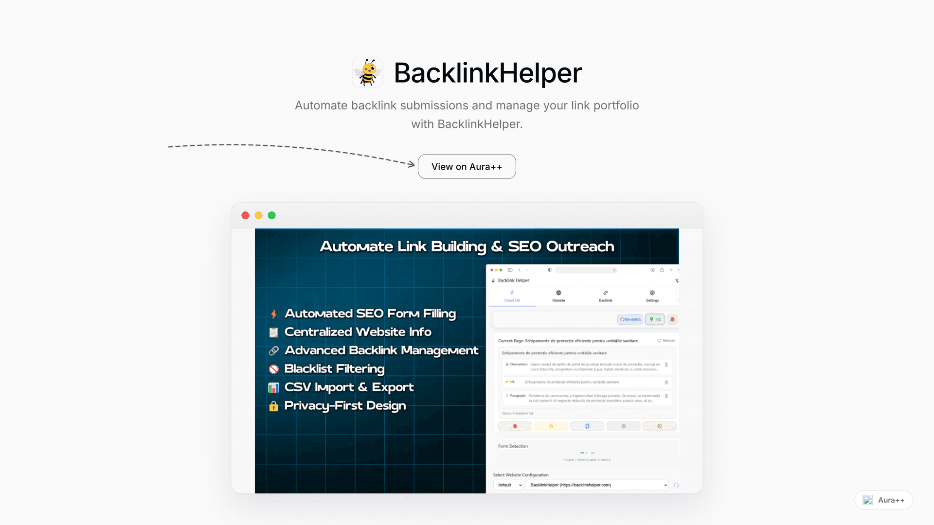BacklinkHelper launch story featured image on Aura++