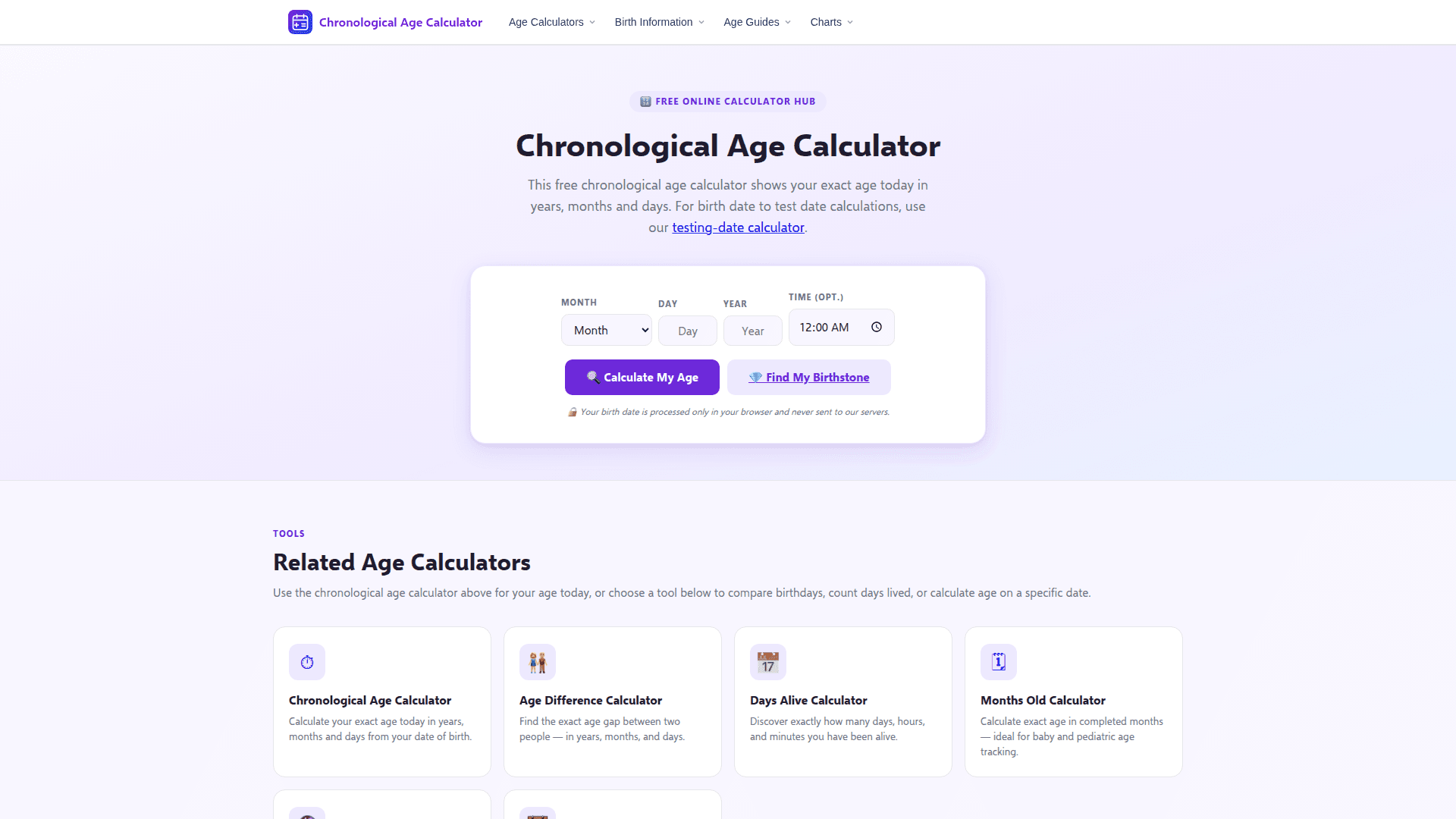 Online Chronological Age Calculator product preview for startup listing on Aura++