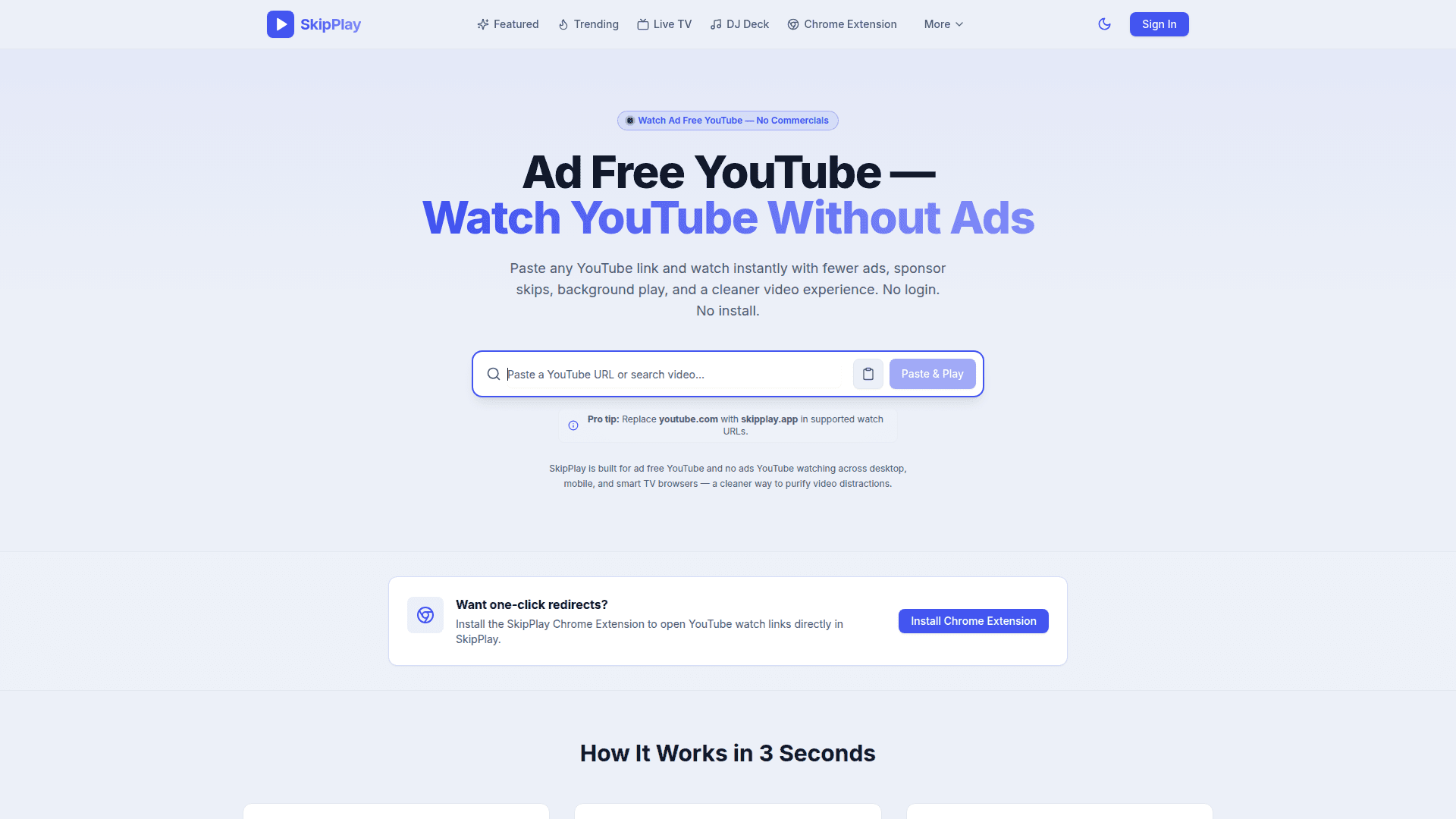 SkipPlay: Ad-Free YouTube Player product preview for startup listing on Aura++