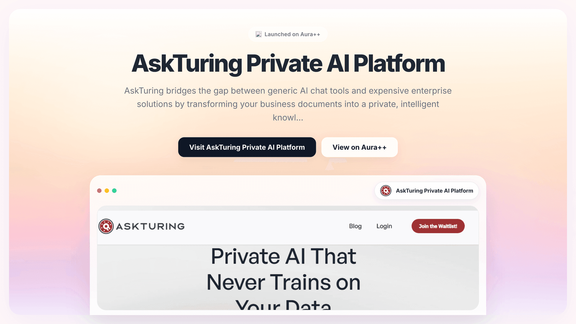 AskTuring Private AI Platform launch story featured image on Aura++