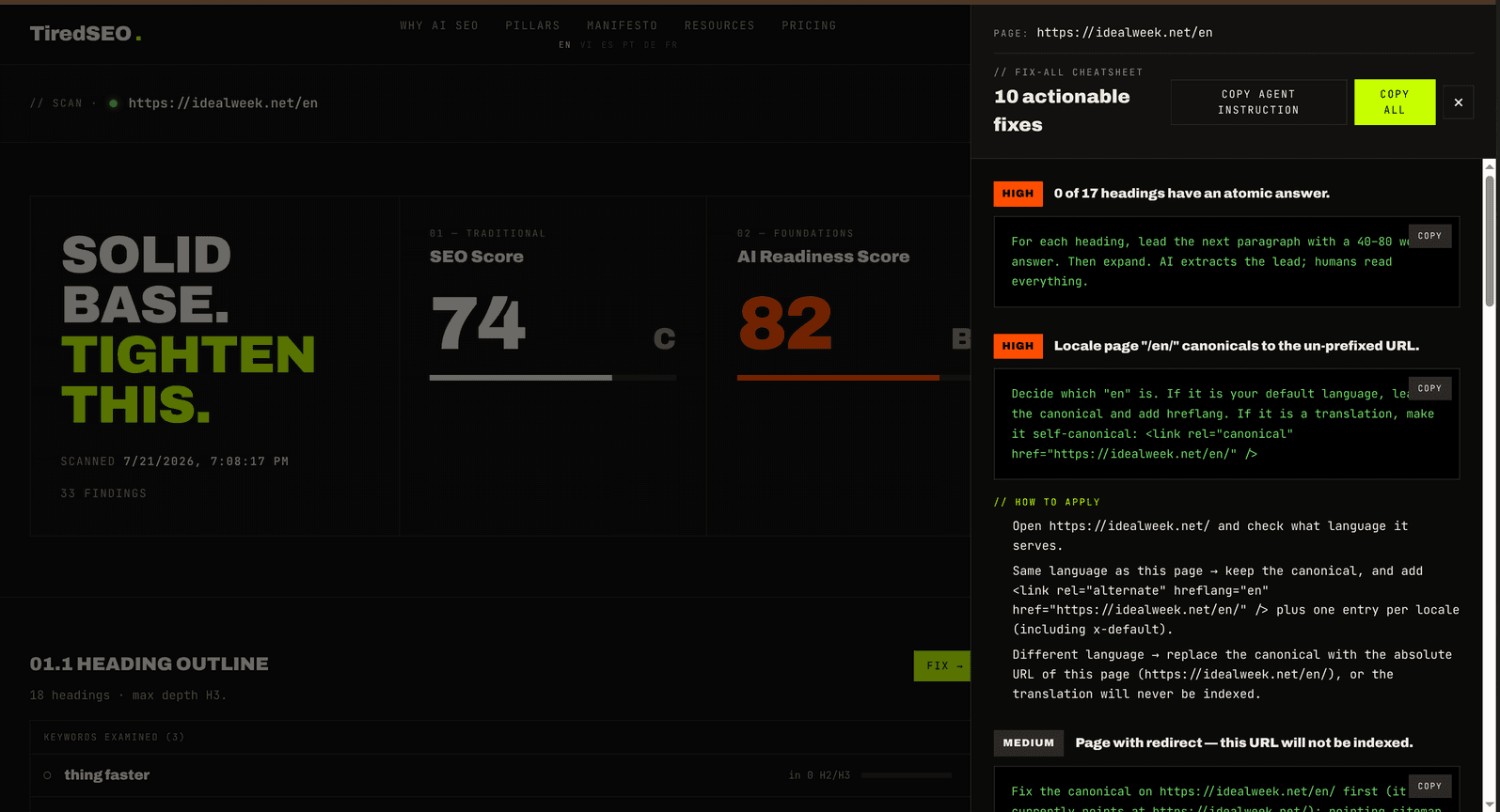 TiredSEO product preview for startup listing on Aura++