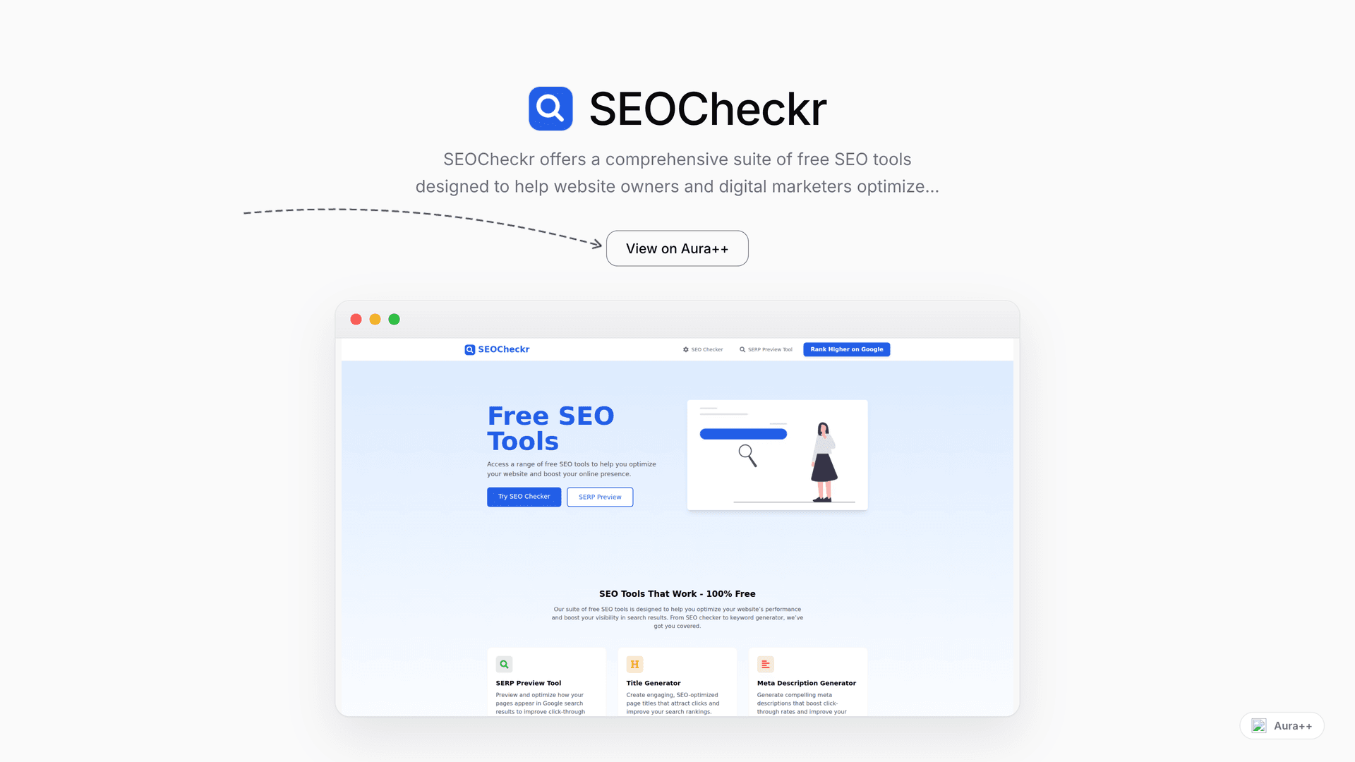 SEOCheckr - Free SEO Tools Suite launch story featured image on Aura++