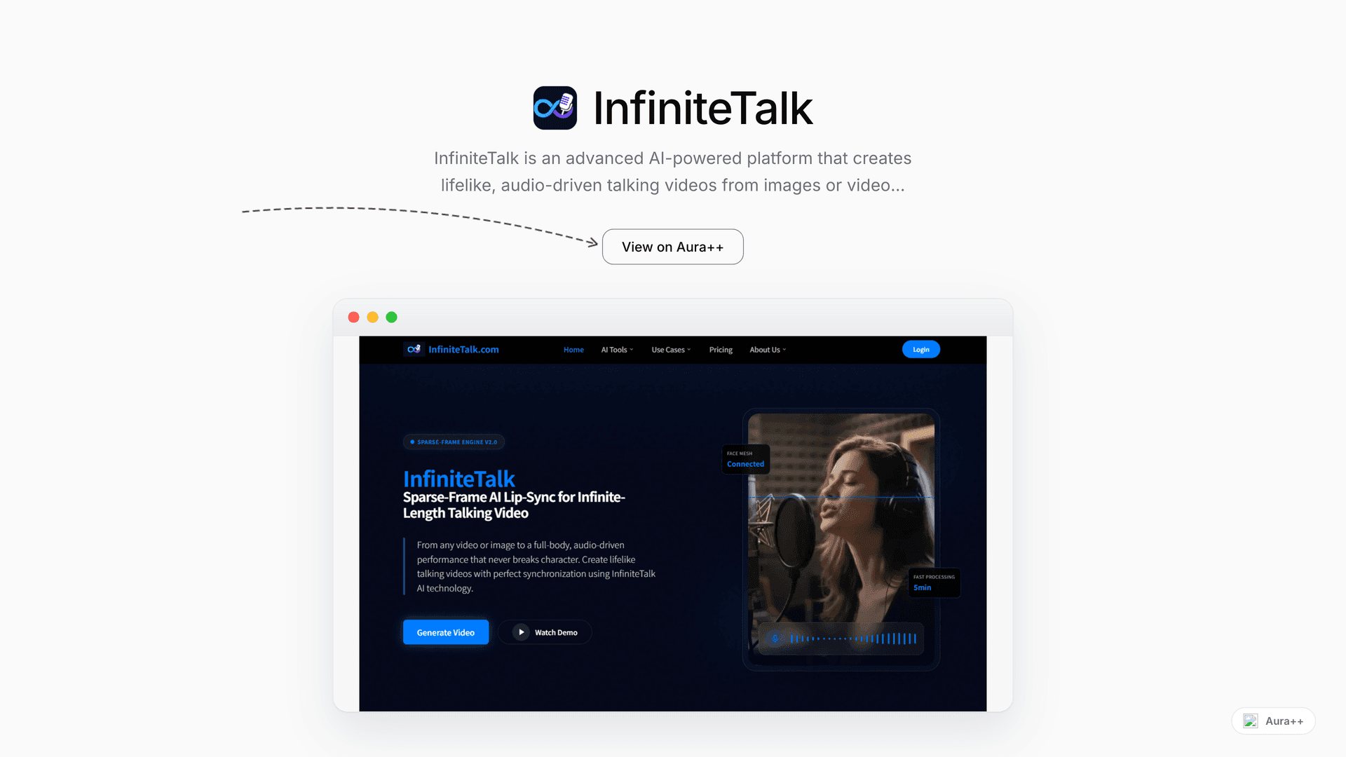 InfiniteTalk - AI Talking Video Generator launch featured image on Aura++