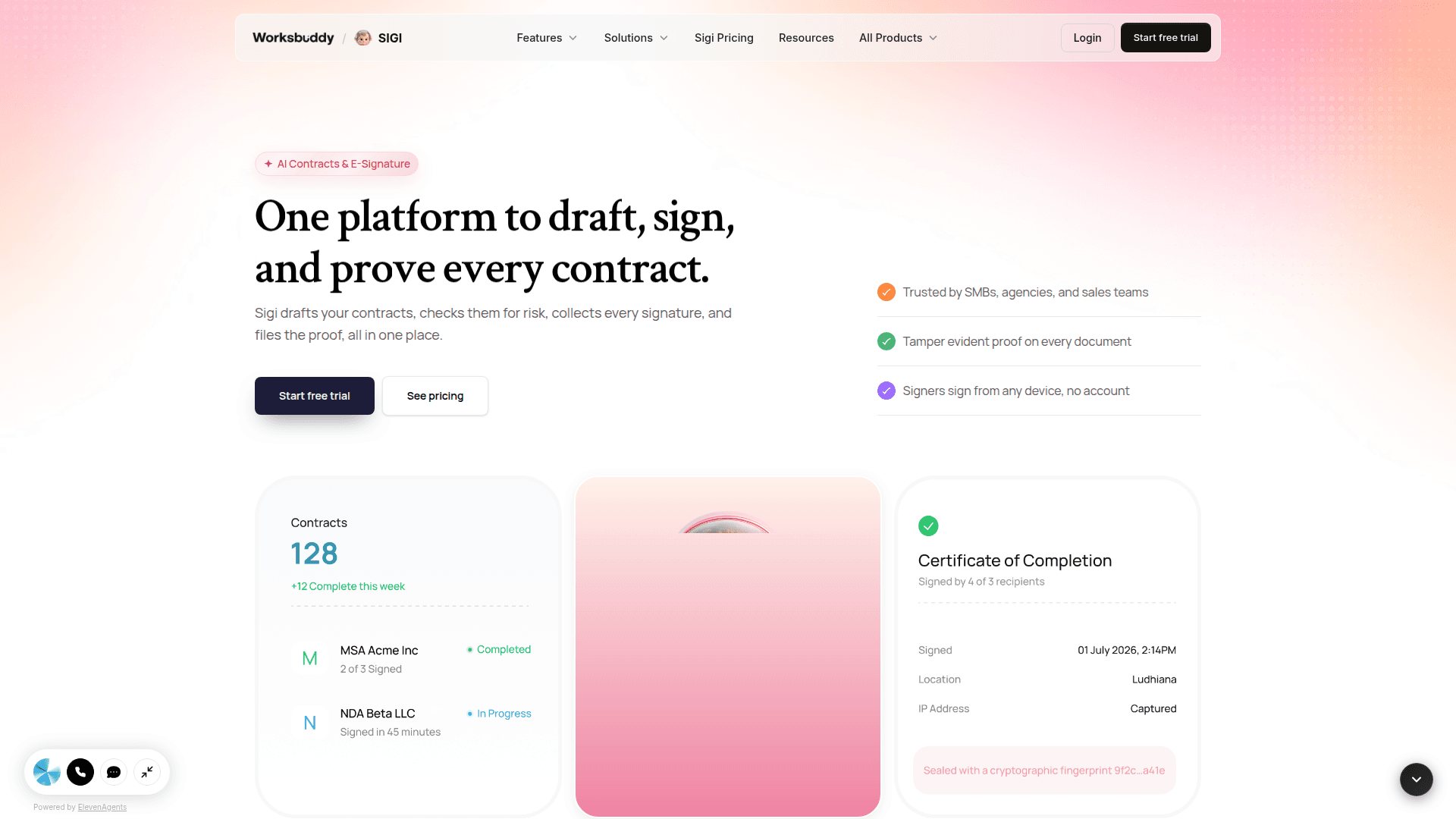 Sigi: AI Contract & E-Signature Platform product preview for startup listing on Aura++