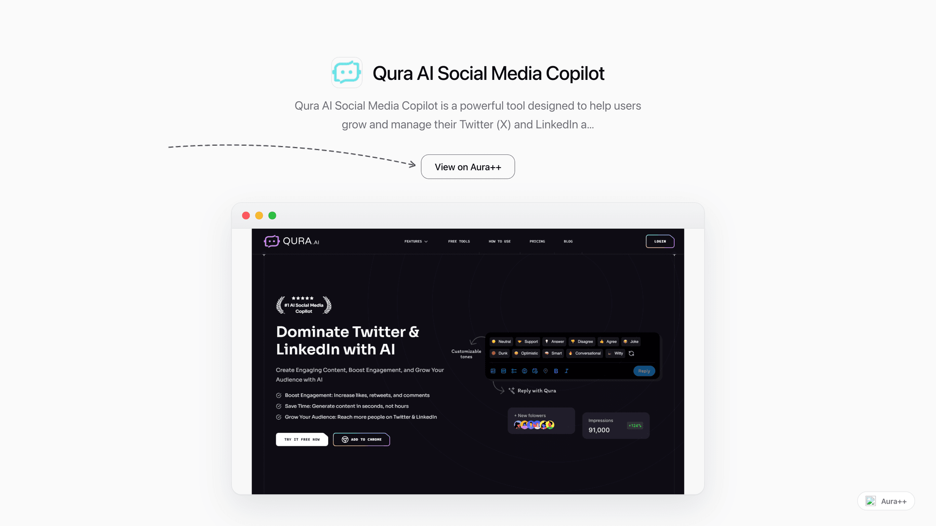 Qura AI Social Media Copilot launch featured image on Aura++
