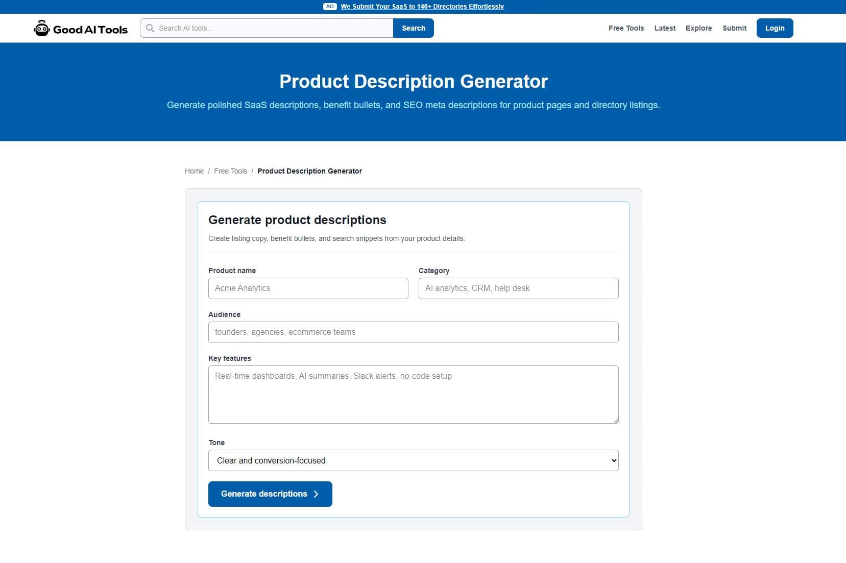 Product Description Generator product preview for startup listing on Aura++