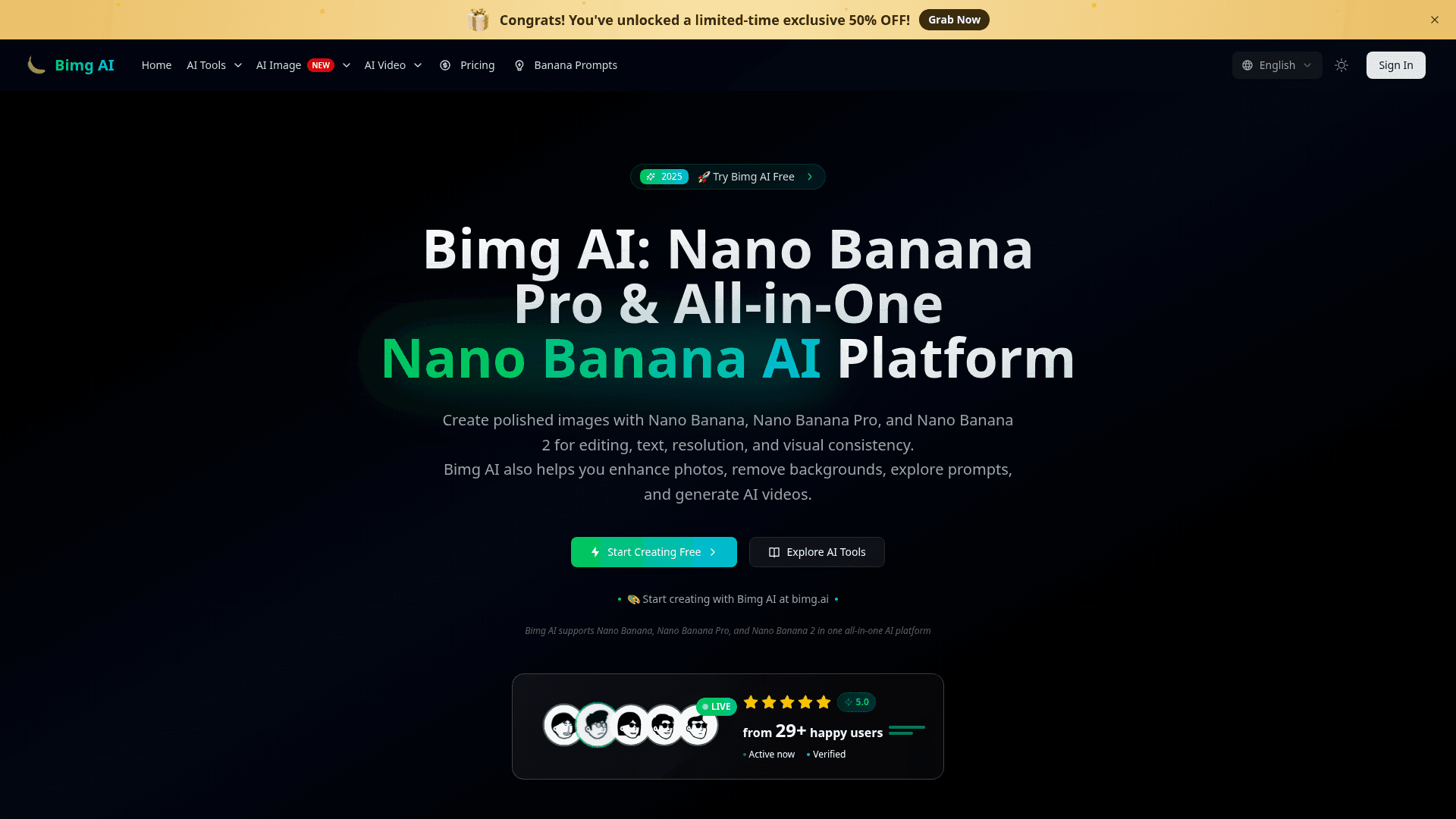 Bimg AI: Nano Banana AI Platform product preview for startup listing on Aura++