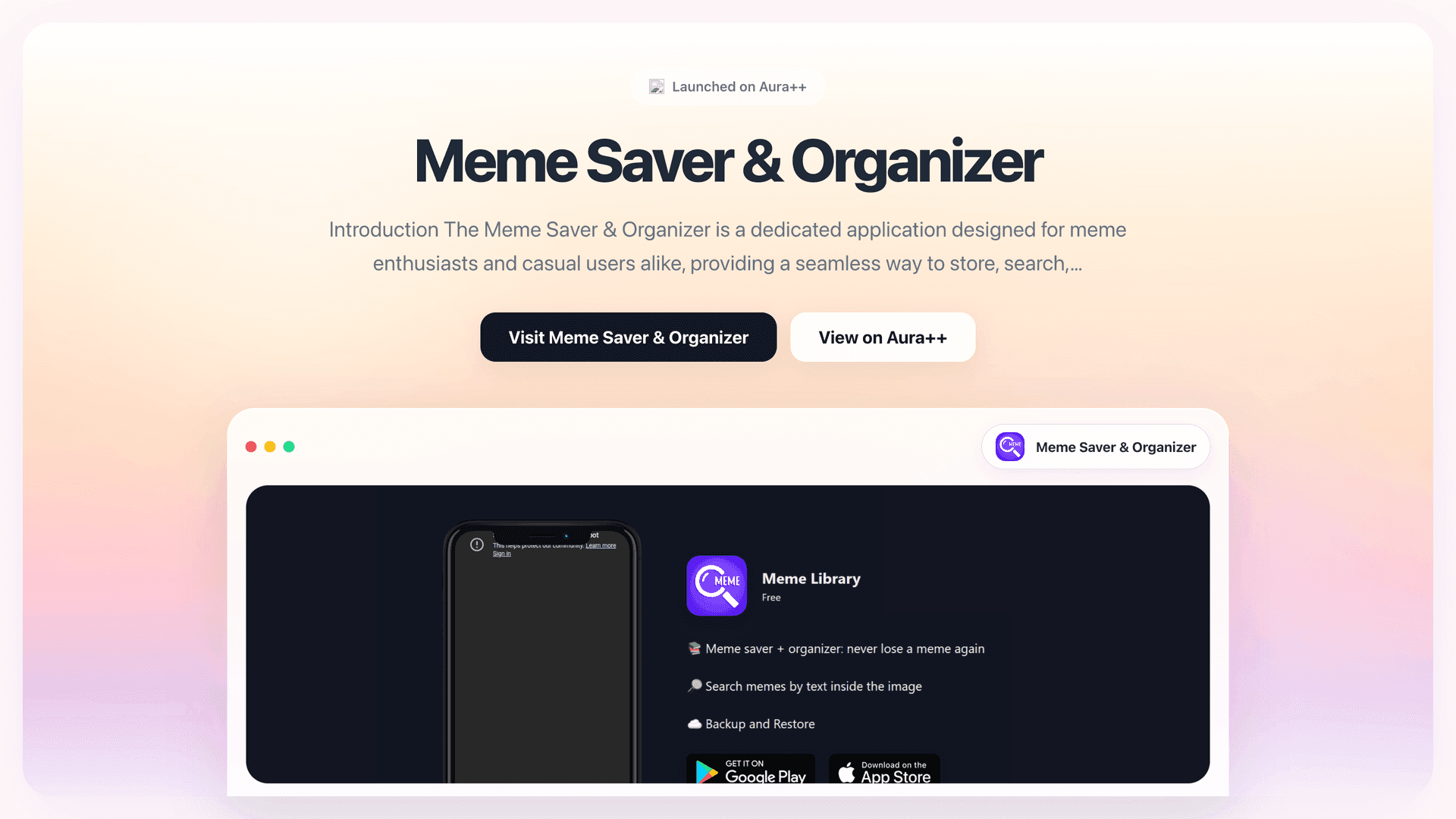 Meme Saver & Organizer launch story featured image on Aura++