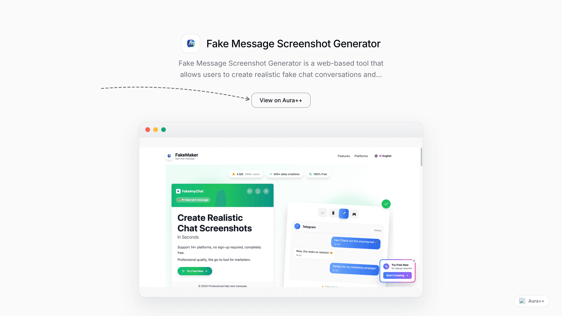 Fake Message Screenshot Generator launch story featured image on Aura++