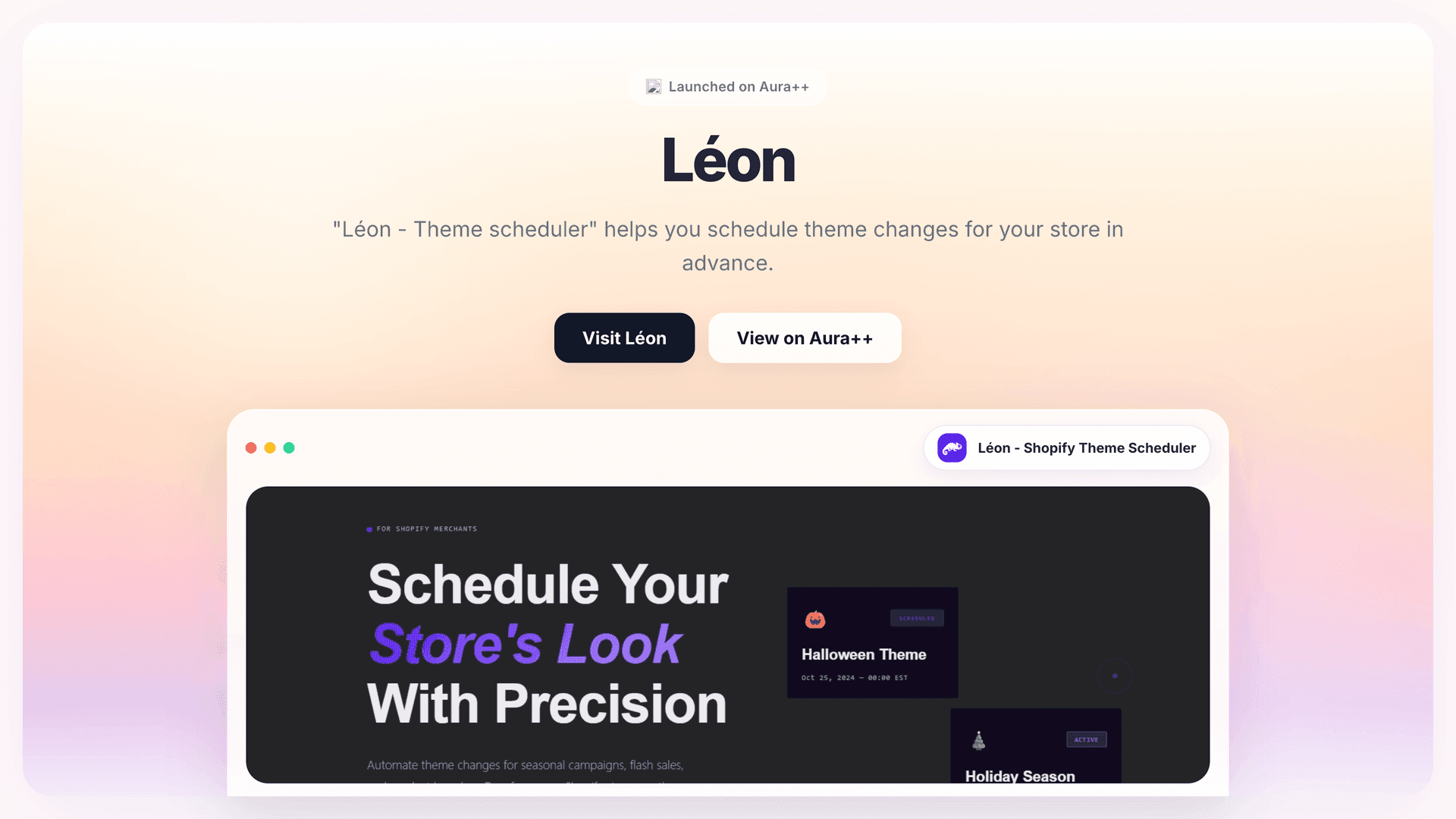 Léon - Shopify Theme Scheduler launch featured image on Aura++