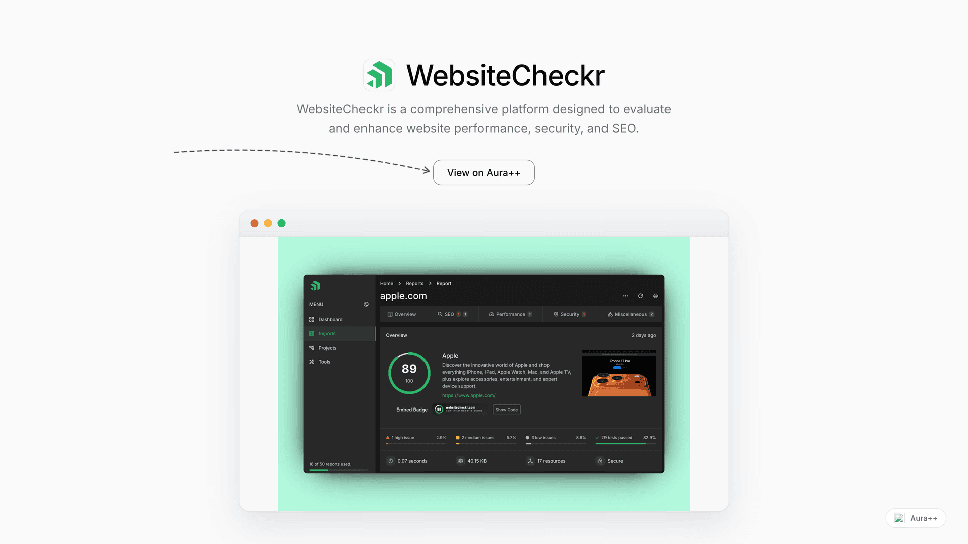WebsiteCheckr - Website Performance & Security Analysis launch story featured image on Aura++