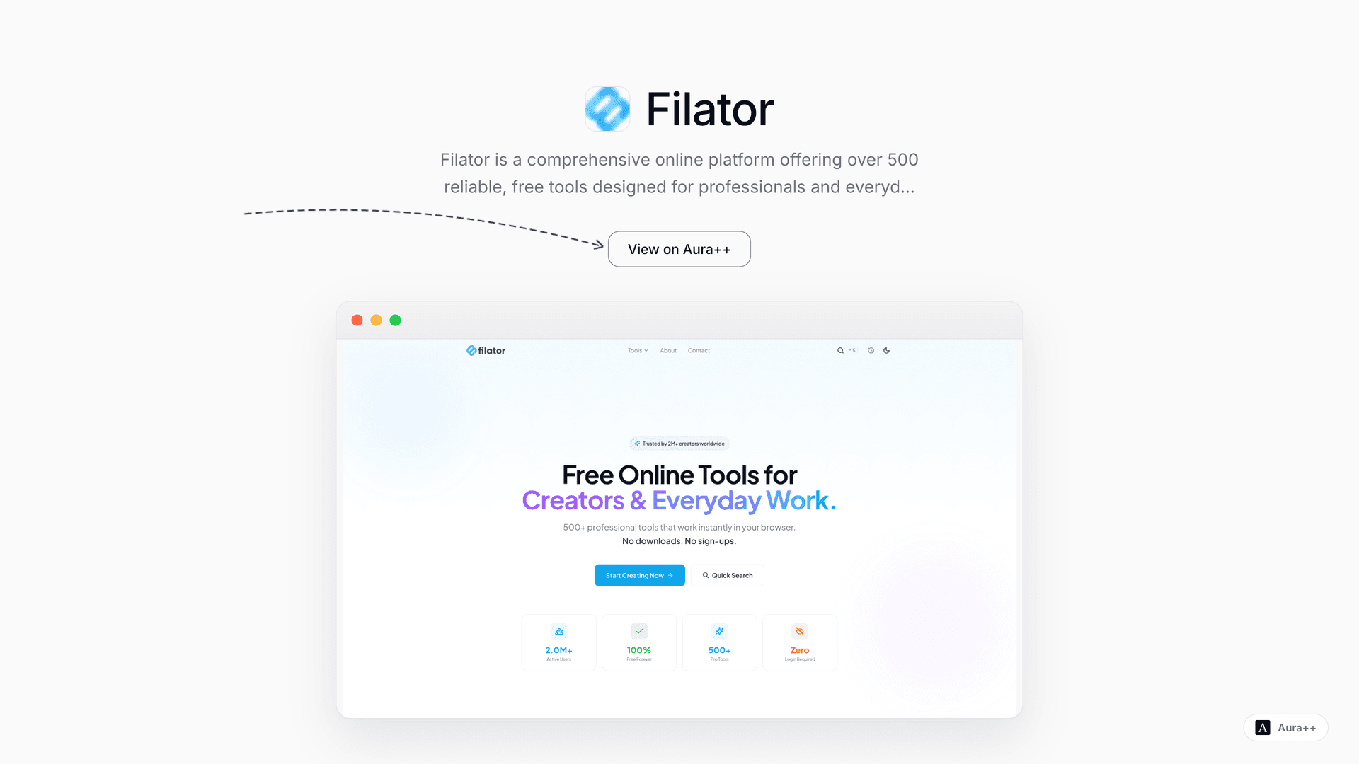 Filator: Free Online Professional Tools launch story featured image on Aura++