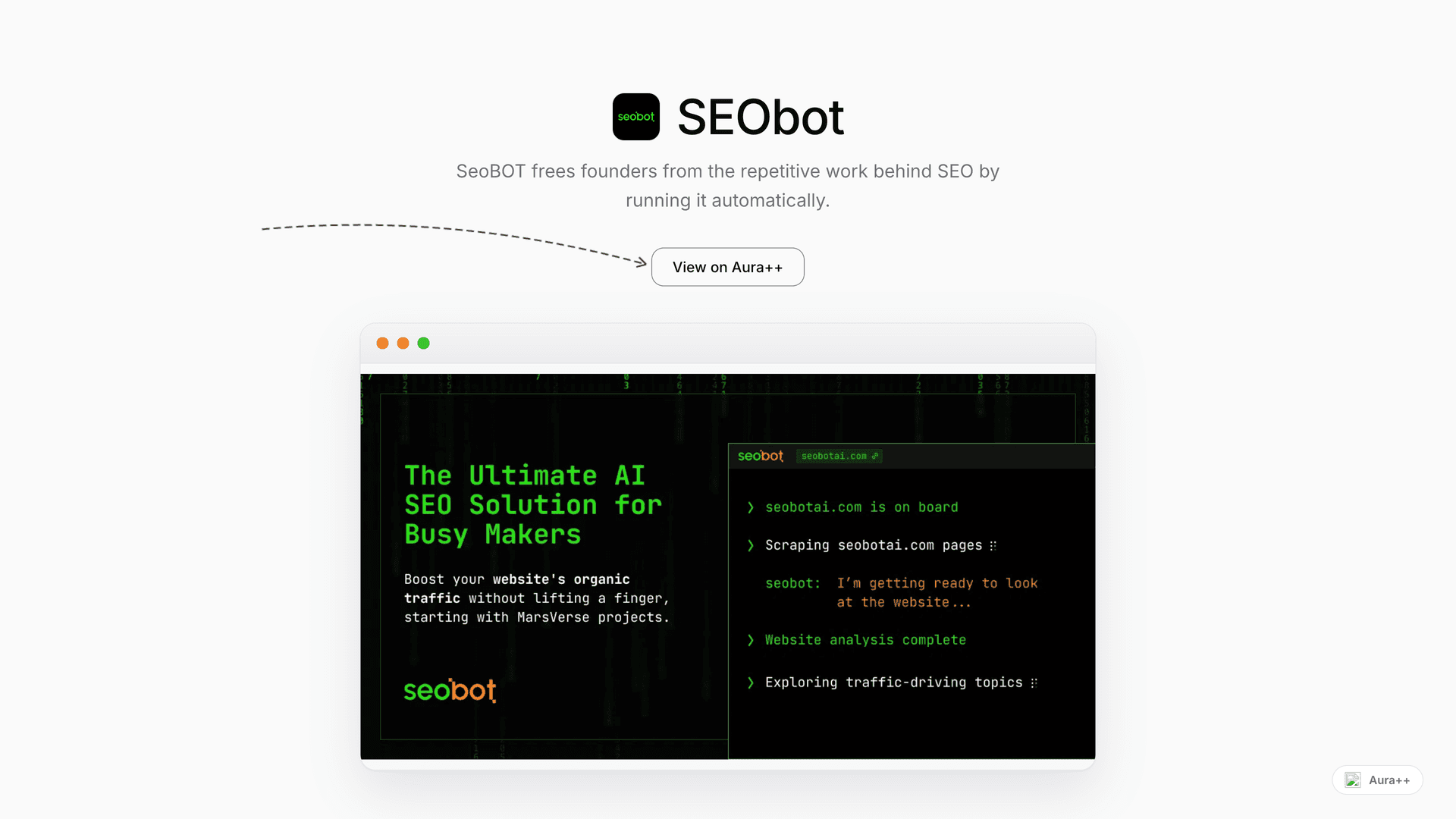 SEObot launch story featured image on Aura++