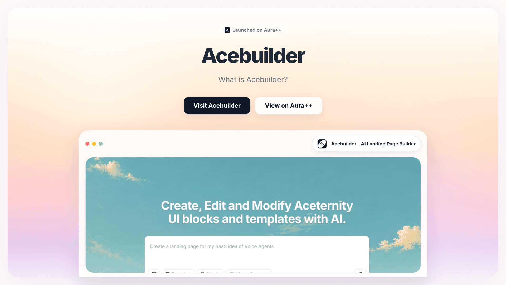 Acebuilder - AI Landing Page Builder launch story featured image on Aura++