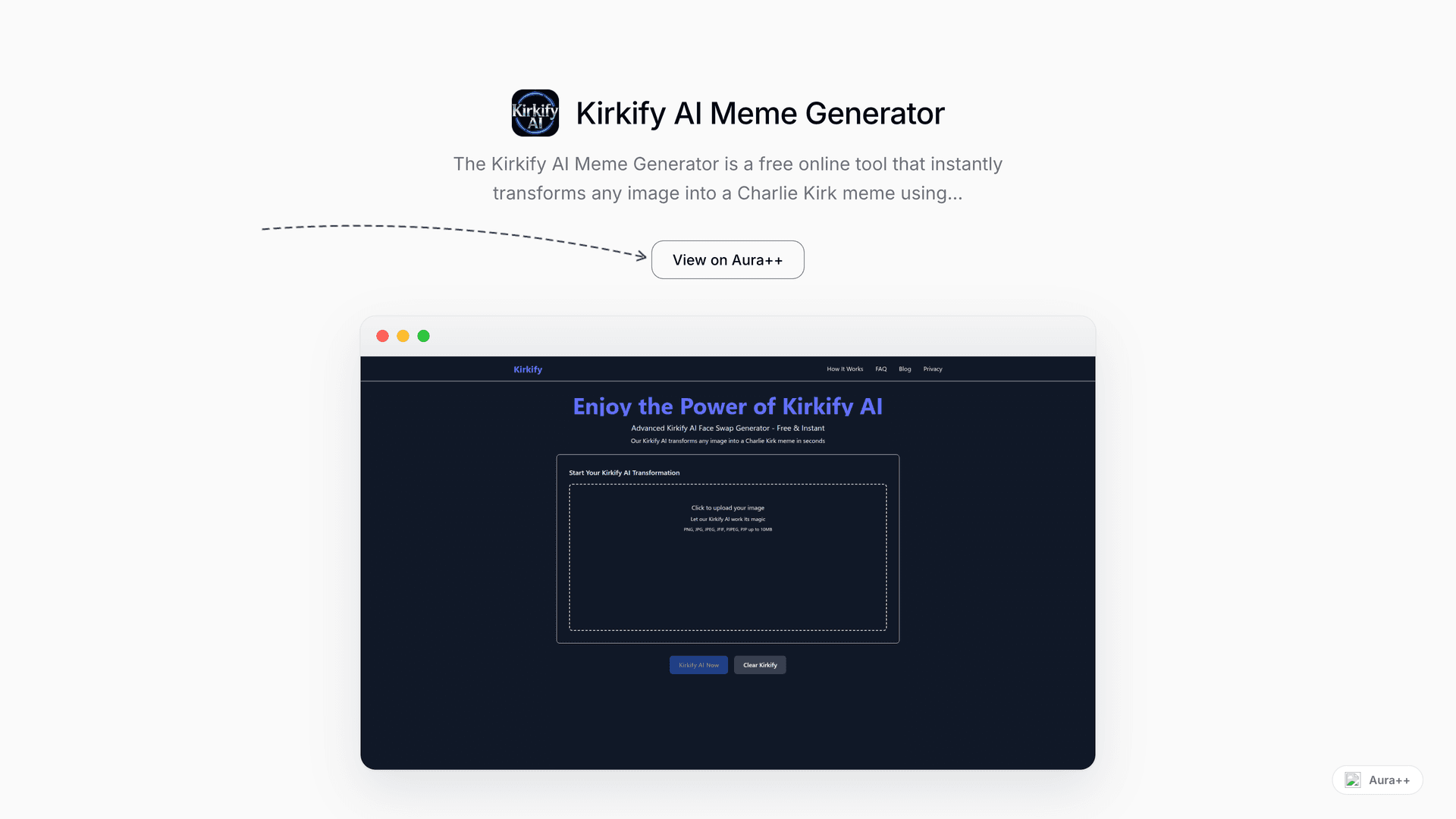 Kirkify AI Meme Generator launch featured image on Aura++