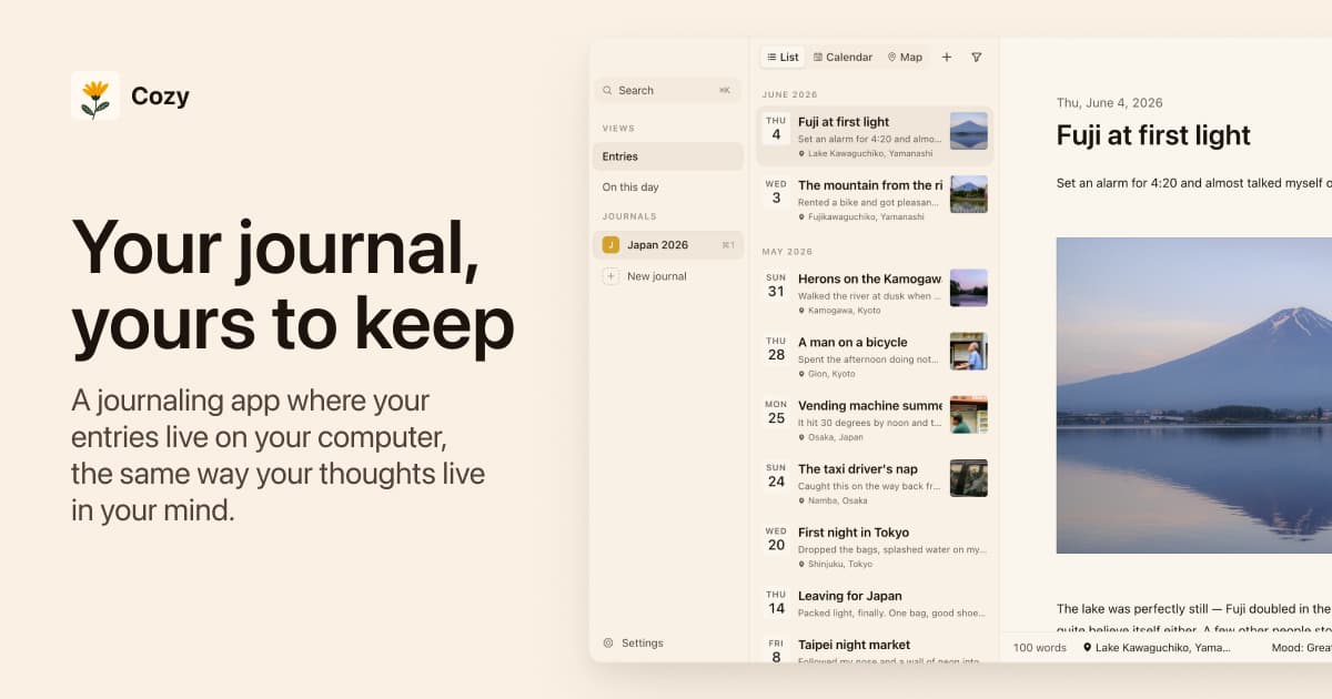 Cozy: Offline Personal Journal App product preview for startup listing on Aura++