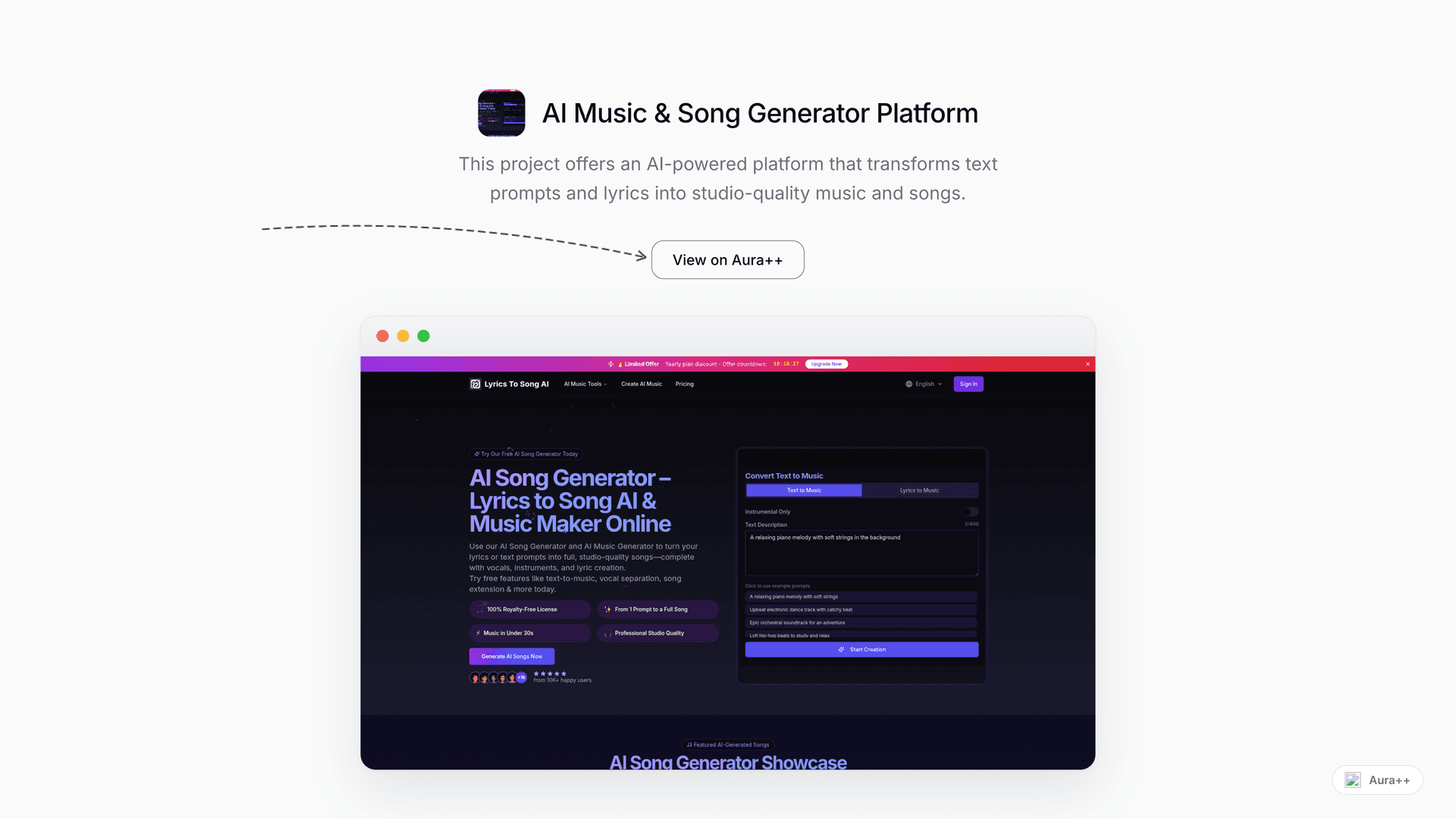 AI Music & Song Generator Platform launch story featured image on Aura++