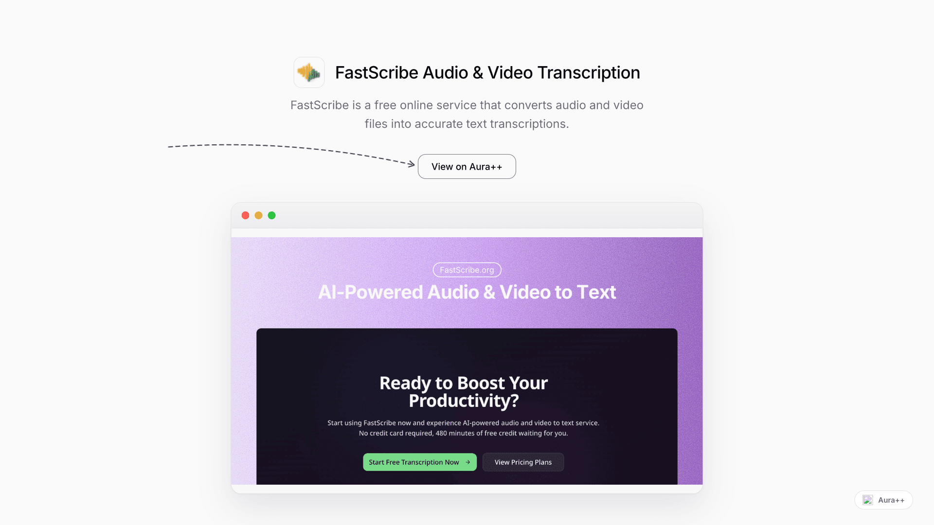 FastScribe Audio & Video Transcription launch story featured image on Aura++