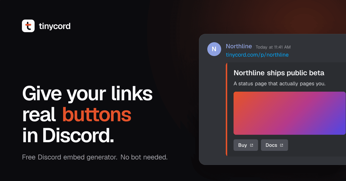 Tinycord Discord Embed Generator product preview for startup listing on Aura++