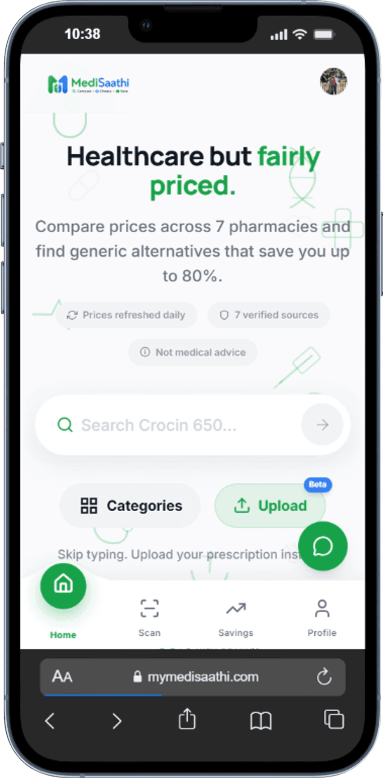 MediSaathi Medicine Price Comparison Platform product preview for startup listing on Aura++