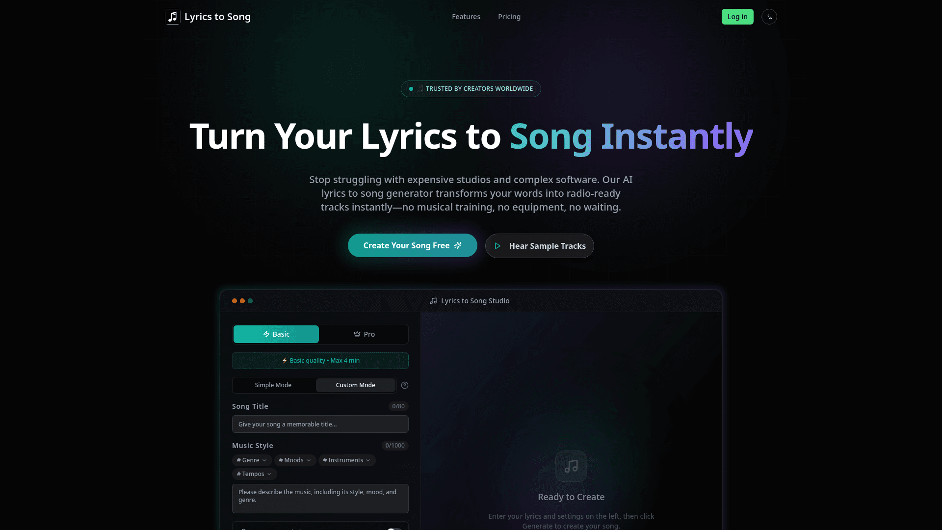 Lyrics to Song AI Generator product preview for startup listing on Aura++