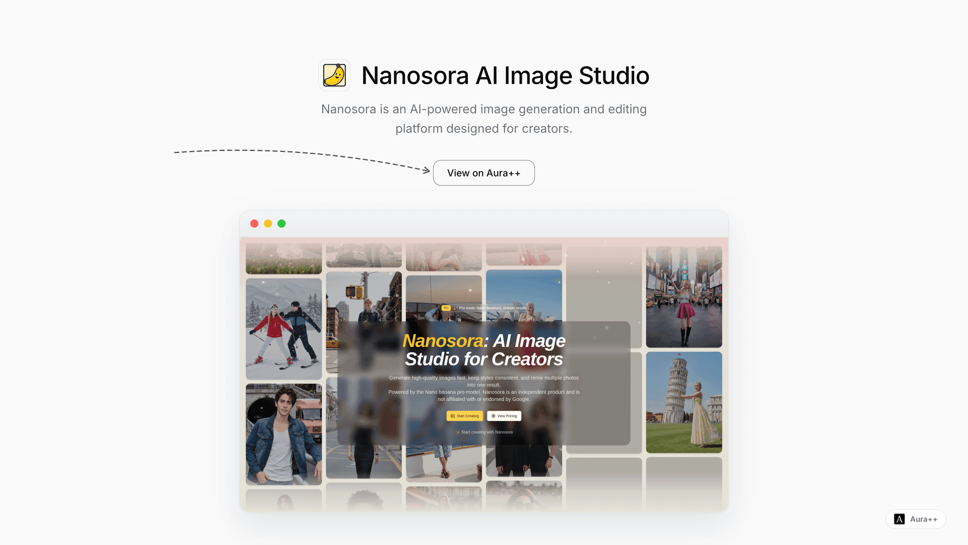 Nanosora AI Image Studio launch story featured image on Aura++