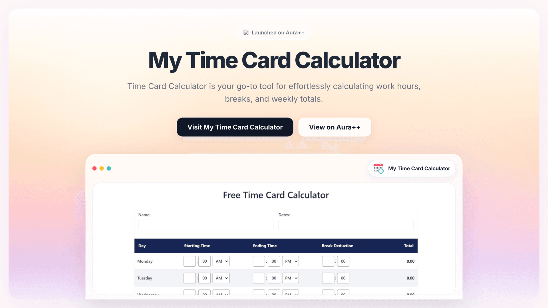 My Time Card Calculator launch story featured image on Aura++