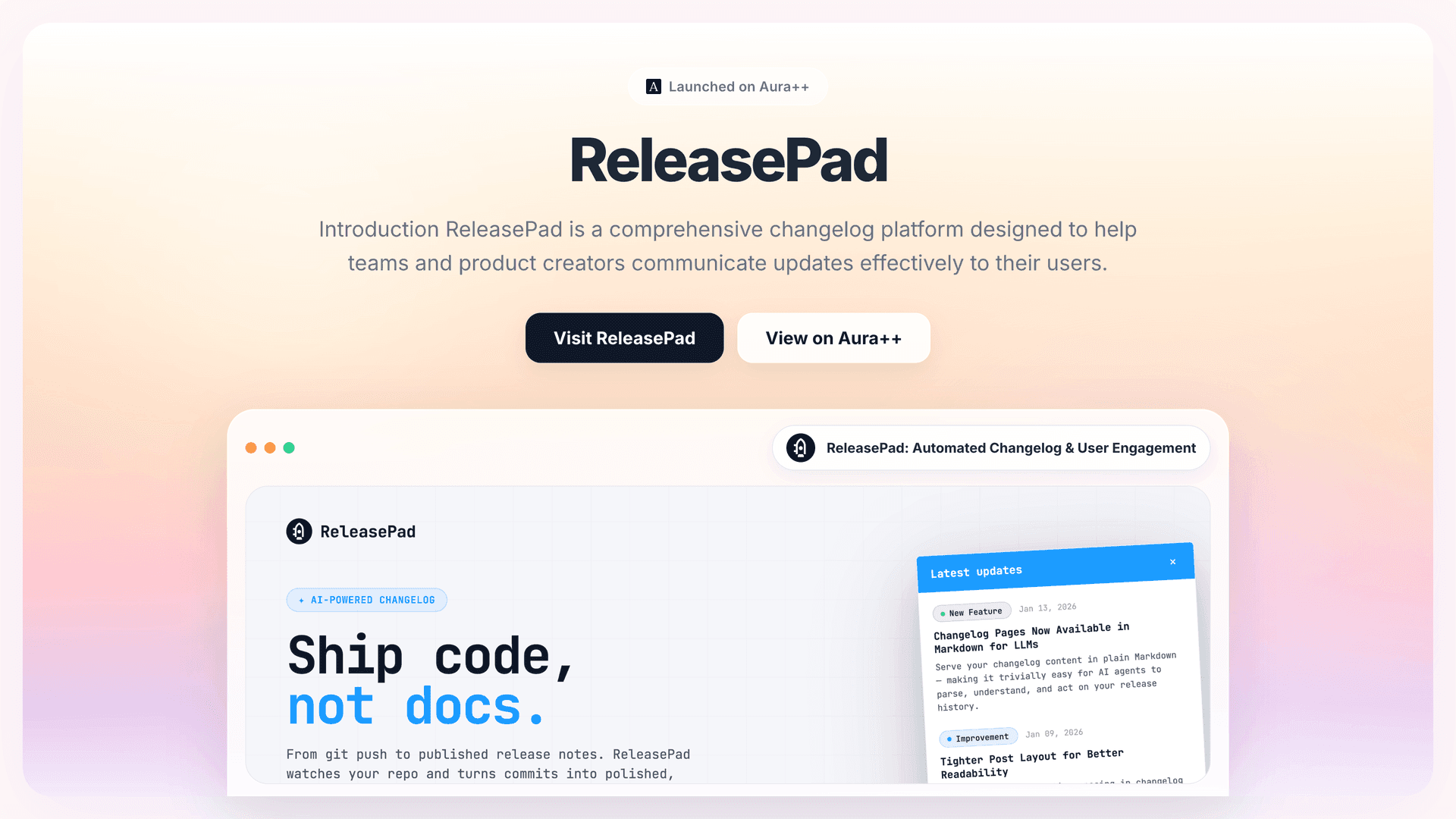 ReleasePad: Automated Changelog & User Engagement launch story featured image on Aura++
