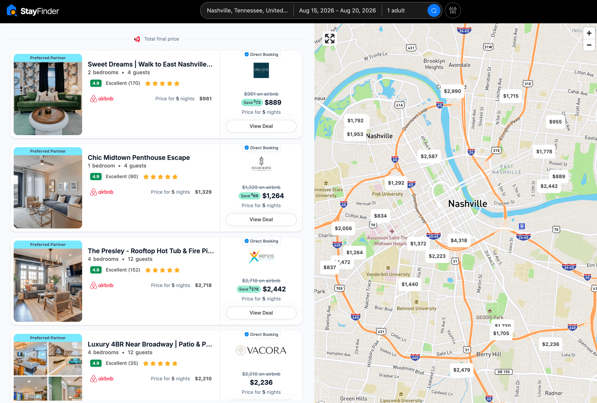 StayFinder product preview for startup listing on Aura++